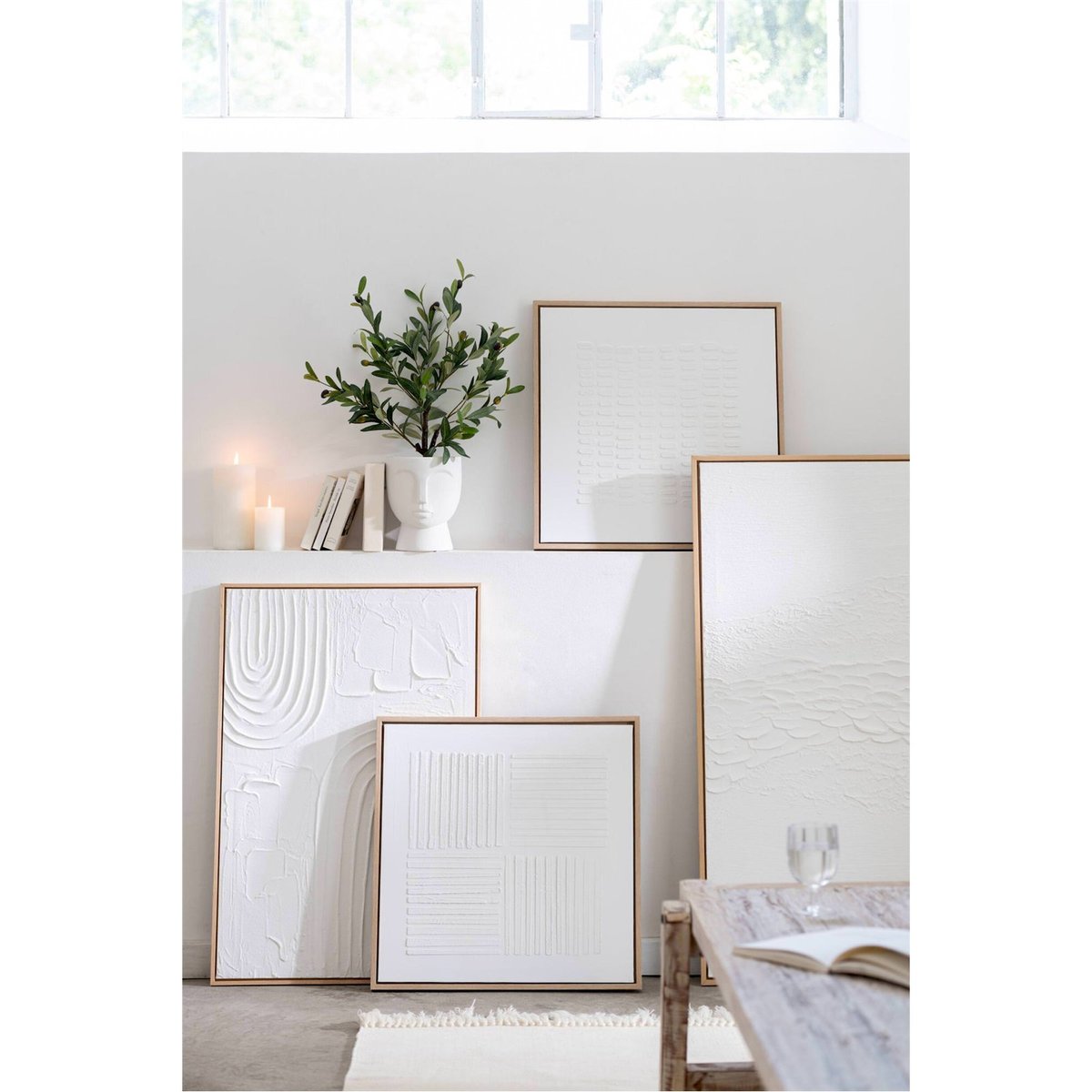 Tableau minimaliste en toile, Lot de 3 blanc et bois clair, RECOLLECTION