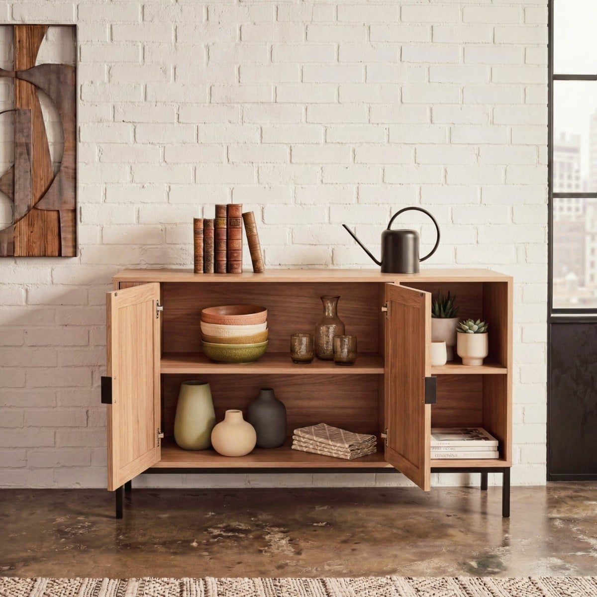 Buffet 2 portes 2 niches ouvertes effet bois rainuré L110 cm - TARA bois clair, CALICOSY