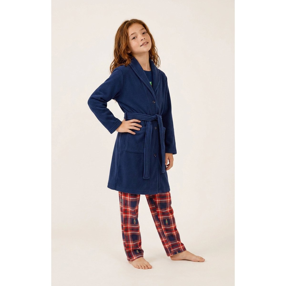 Robe de chambre enfant en micropolaire couleur unie Casse-noisette marine, ARTHUR
