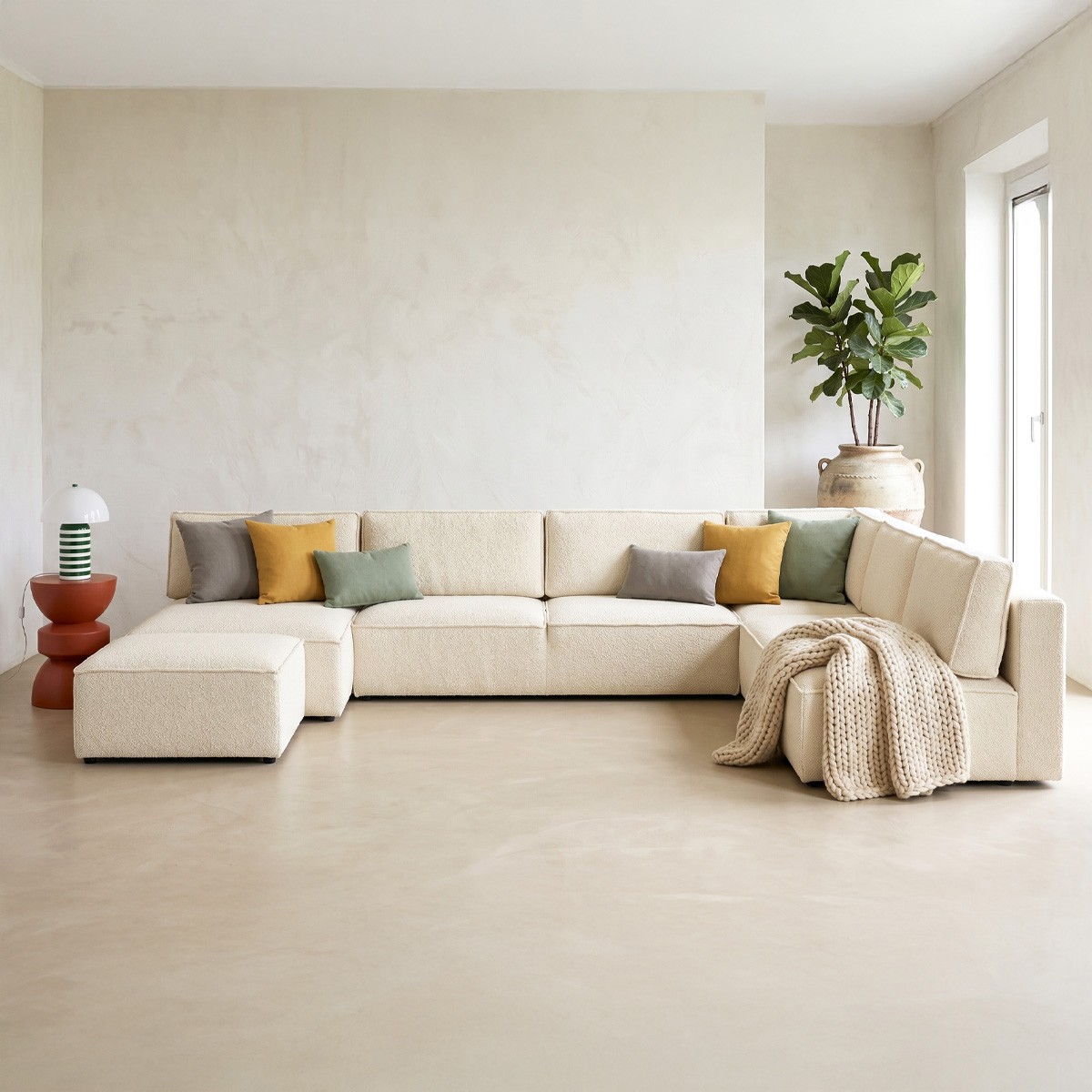 Canapé d'angle droit convertible 10+1 places en tissu bouclé - HARPER MOD ecru, HOMIFAB