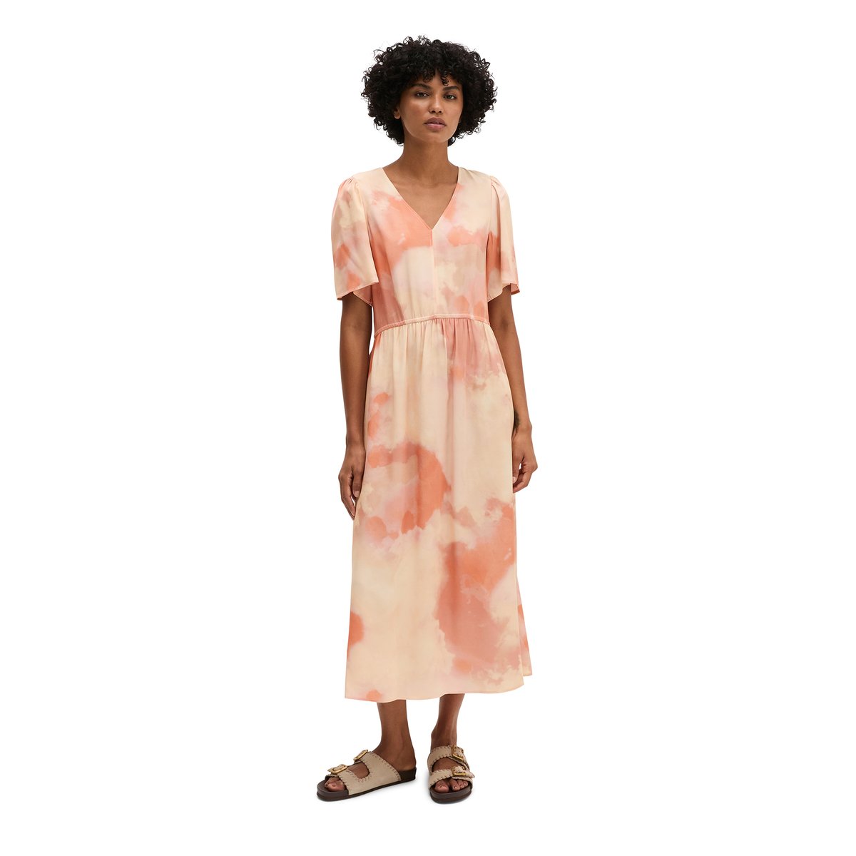 Robe à taille élastique flare en sergé de viscose fluide rose, MARC O'POLO