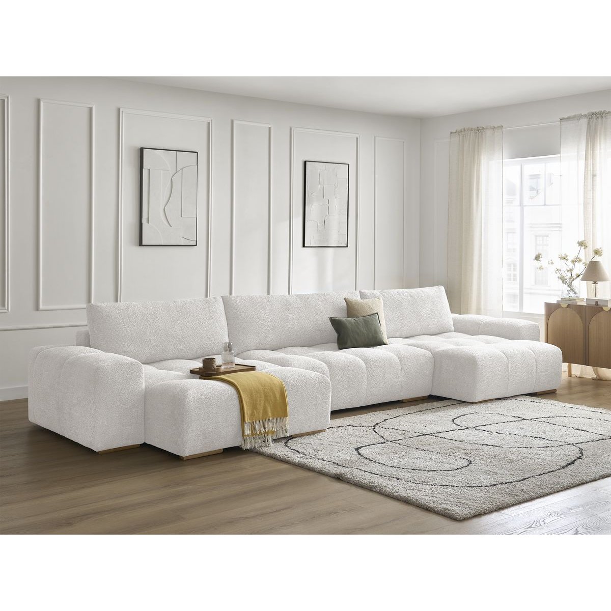 Canapé panoramique convertible 6 places en tissu bouclette, ANAKIN blanc, BOBOCHIC