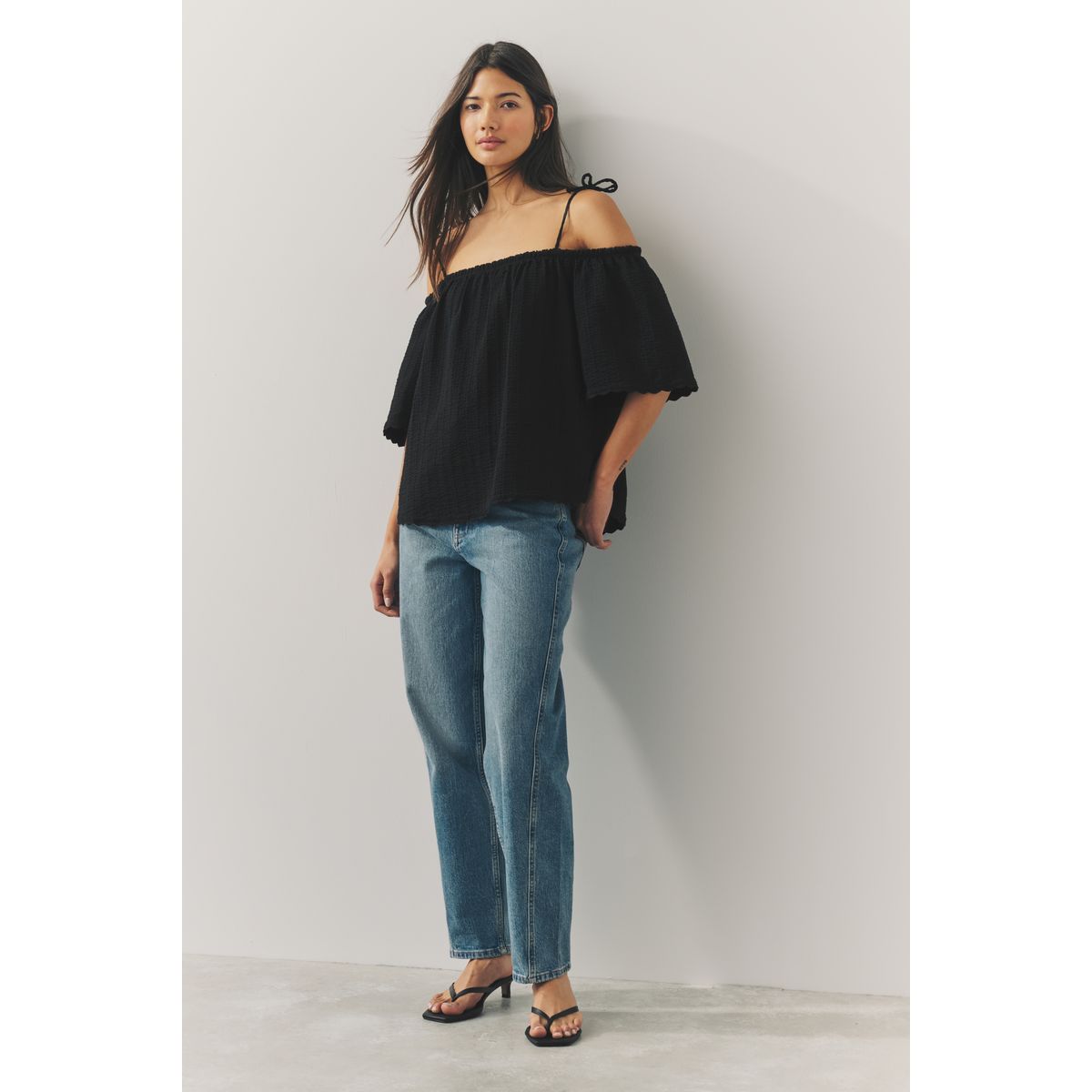 Haut bardot manches courtes 100 % coton noir, NEXT