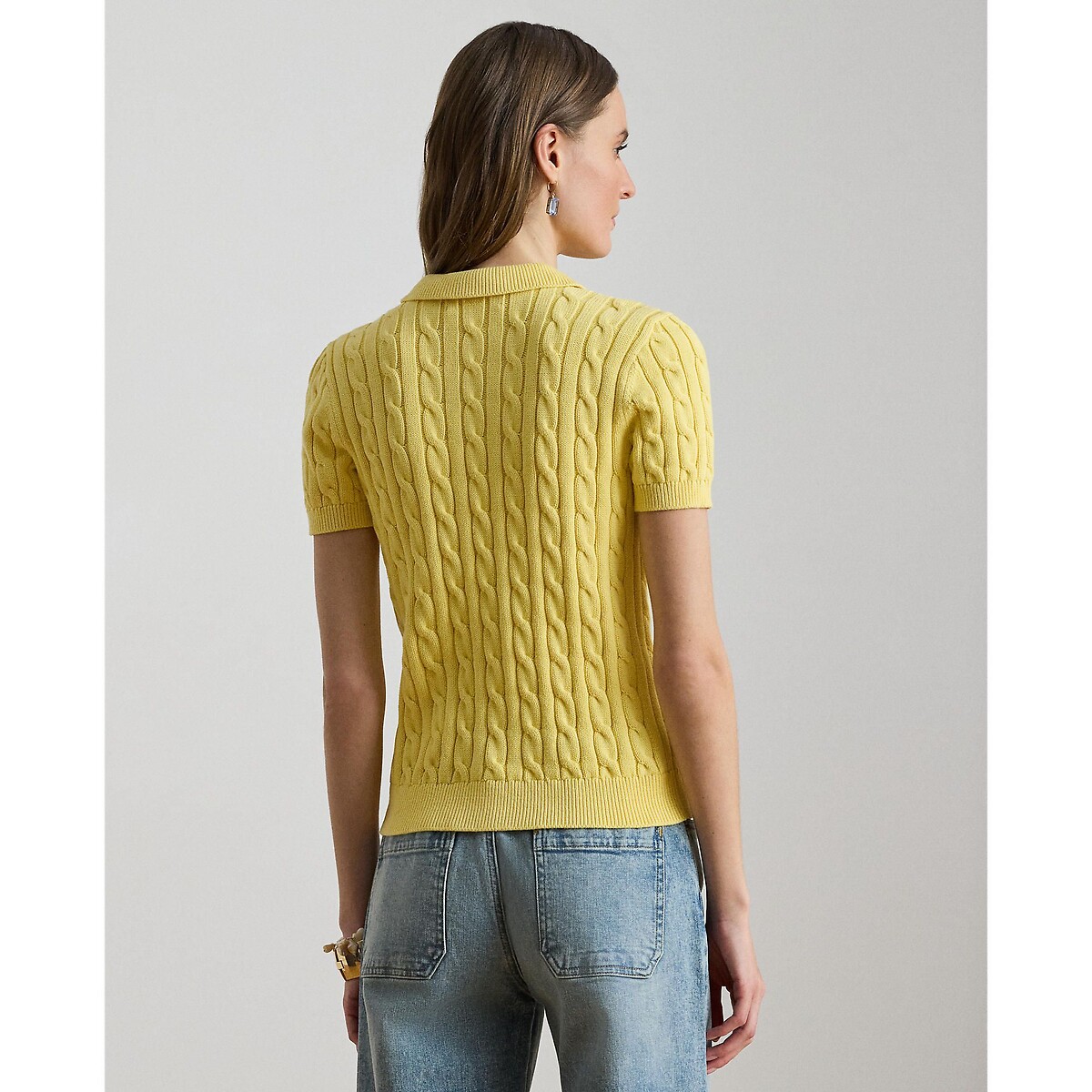 Pull manches courtes col polo en coton torsadé jaune citron, LAUREN RALPH LAUREN