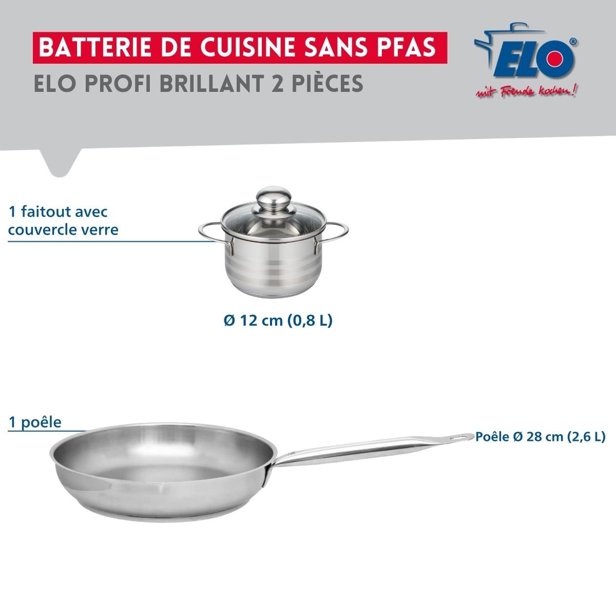 Batterie de cuisine 1 poêle 28cm + 1 faitout 12cm PROFI BRILLANT inox, ELO