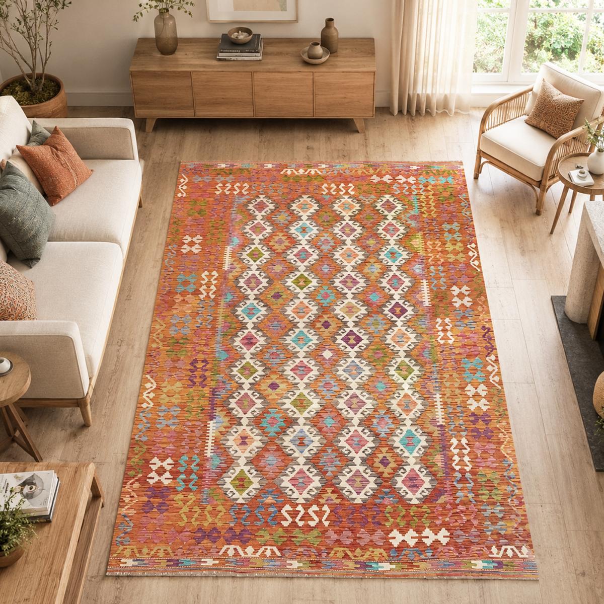 Tapis kilim, motif ethnique authentique, tissé en laine, KILIM 30 multicolore, bleu, orange, UN AMOUR DE TAPIS