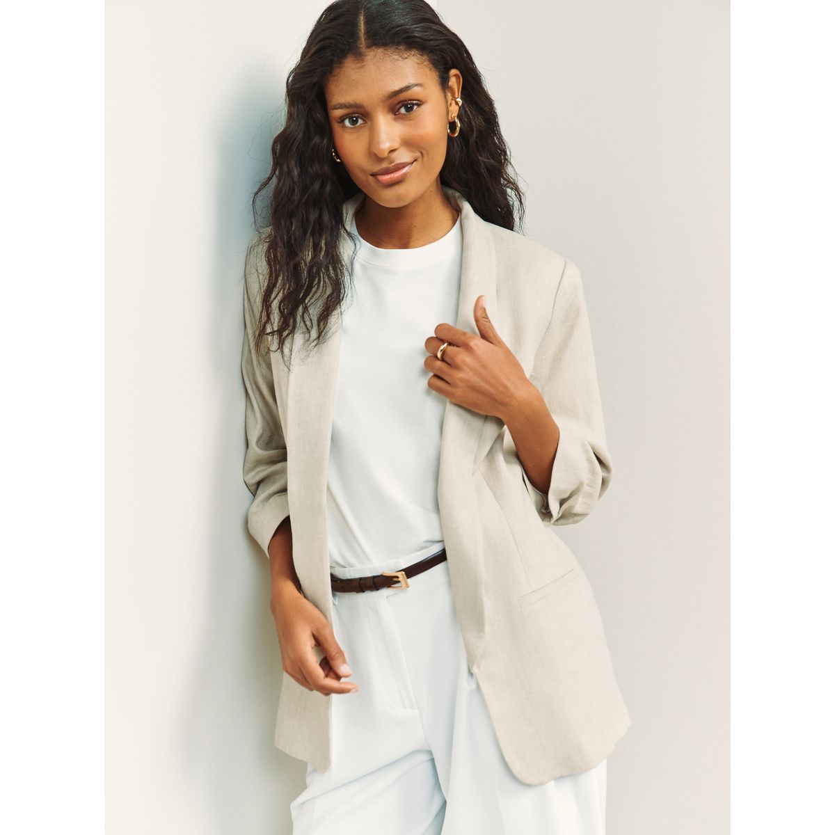 Veste en lin majoritaire à manches froncées naturel, NEXT
