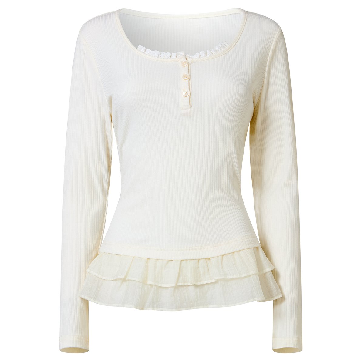 Henley en Jersey Côtelé à Volant Esme beige, JOE BROWNS