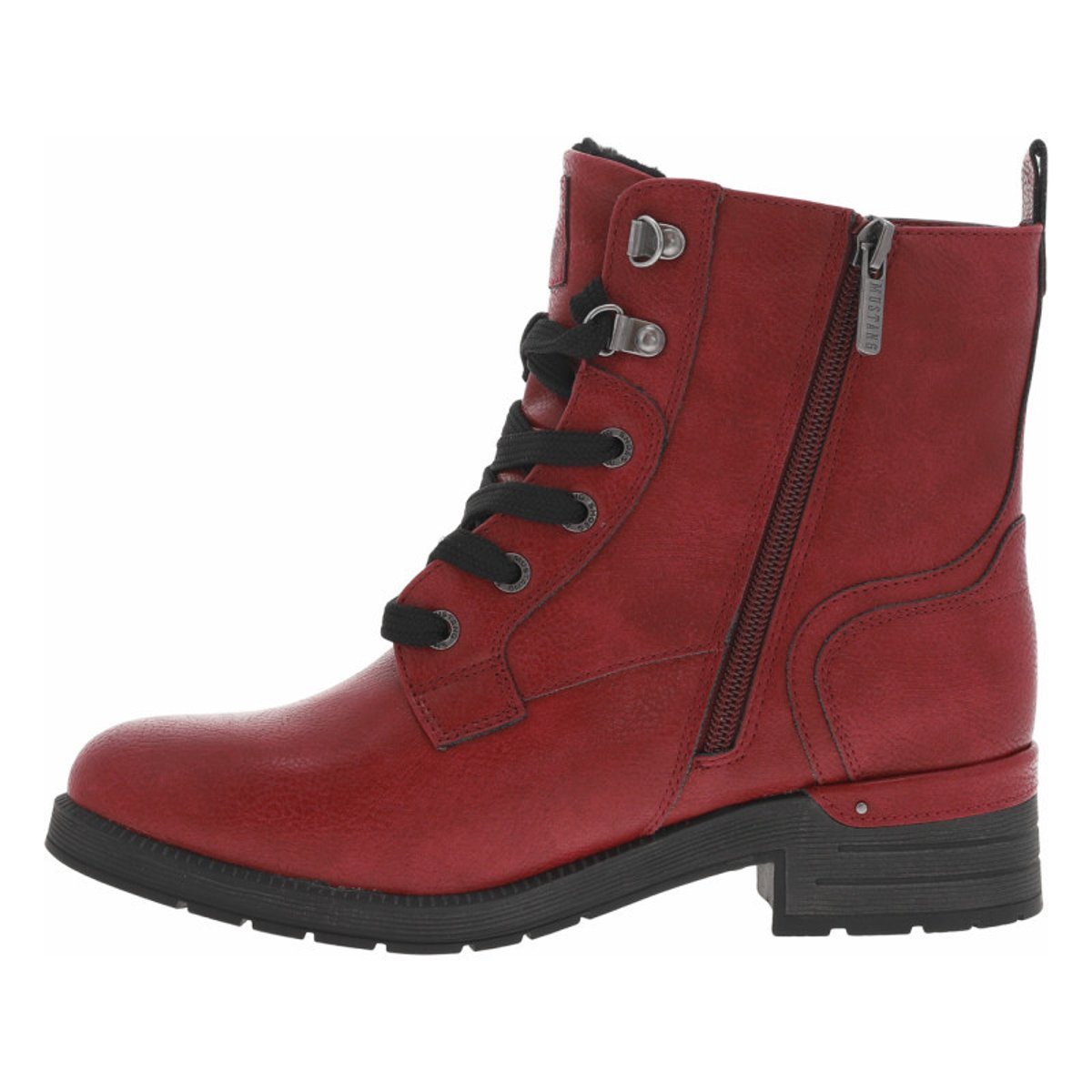 Bottines rouges à talon décroché bas avec un zip et des lacets ronds rouges, MUSTANG