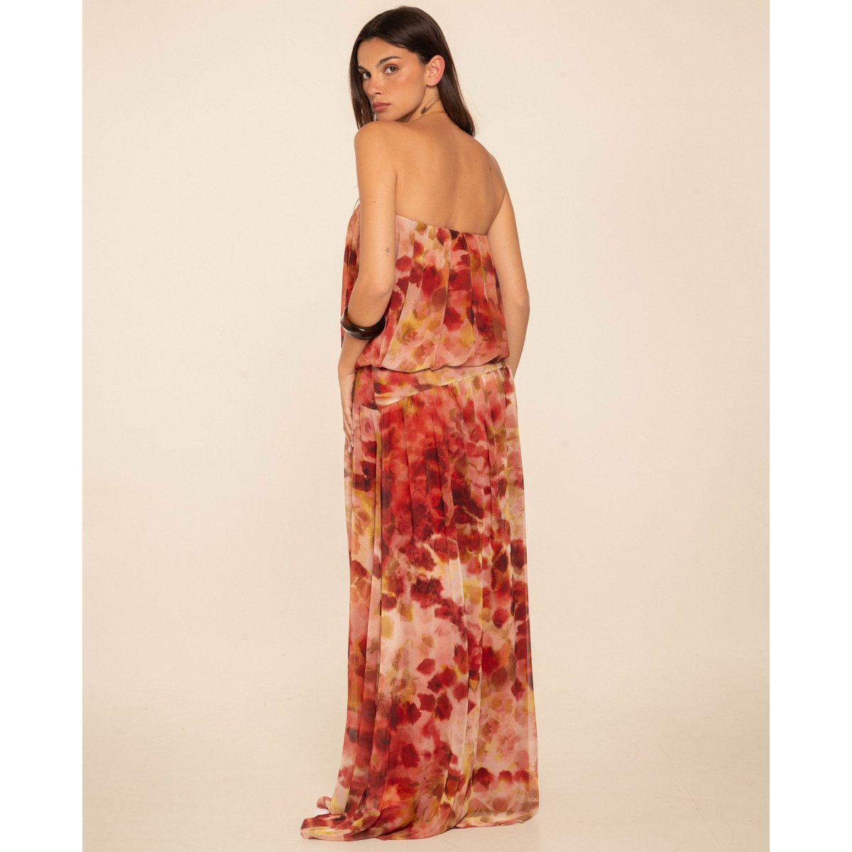 Robe maxi bustier à imprimé aquarelle et empiècement large multicolore, THE-ARE