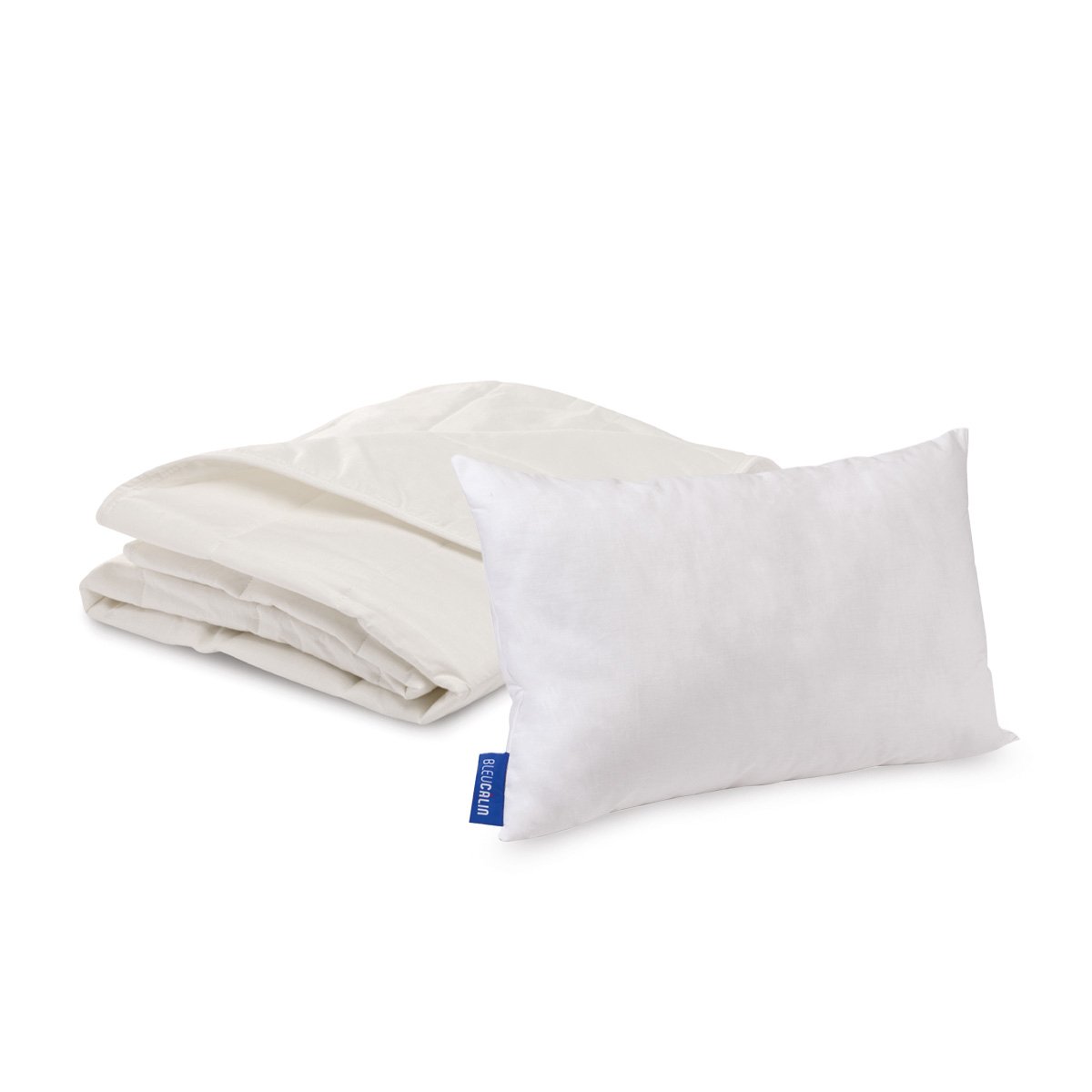 Pack couette et oreiller bébé enveloppe COTON BIO blanc, BLEU CALIN