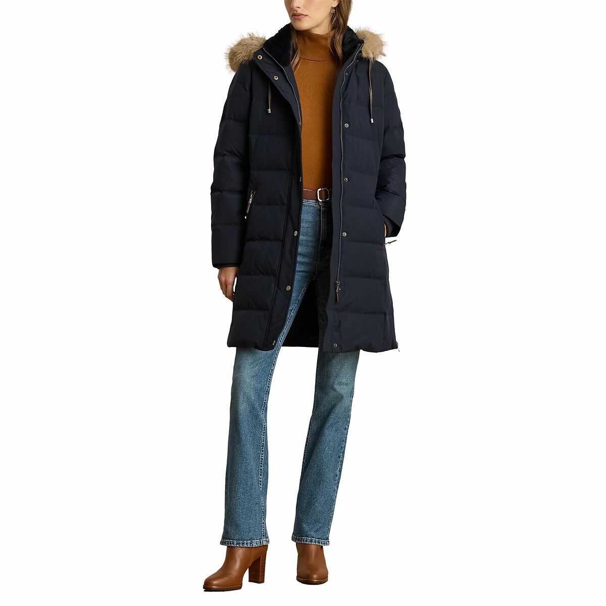 Chaqueta acolchada semilarga con capucha azul marino, LAUREN RALPH LAUREN