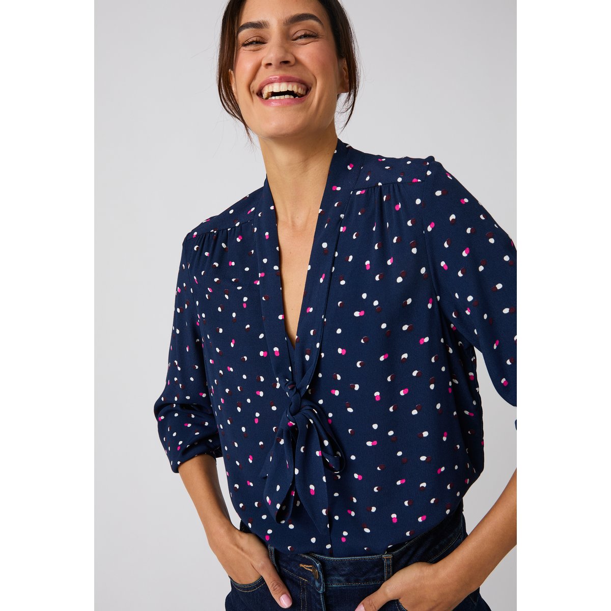 Chemisier lavallière imprimé pois bleu marine pois, DAMART