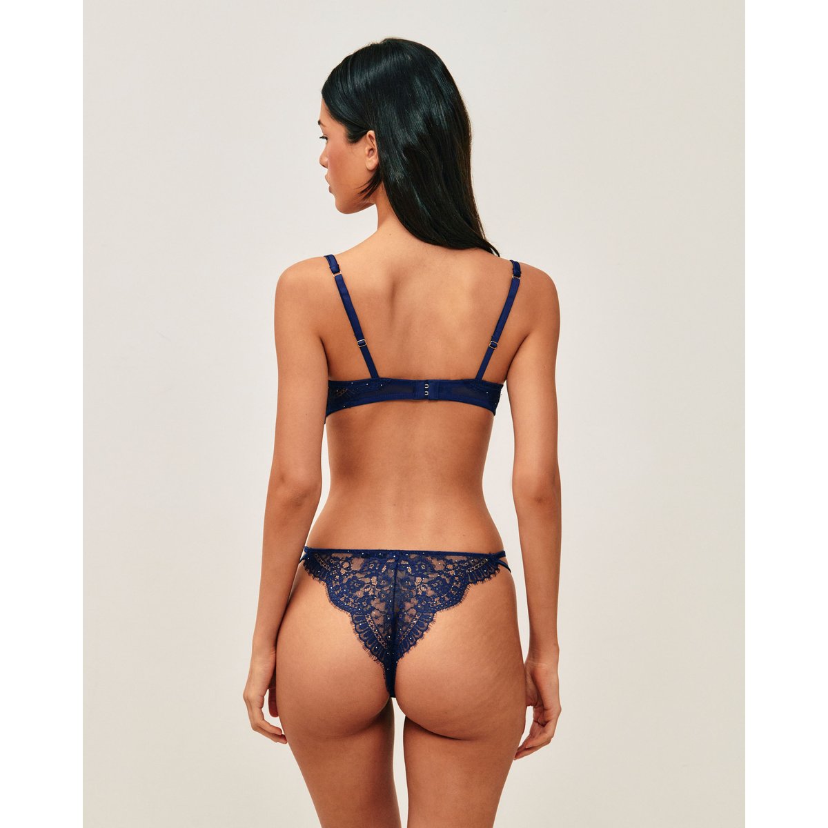 Tanga en dentelle à strass argentés SHINYLOVIZ bleu marine, UNDIZ