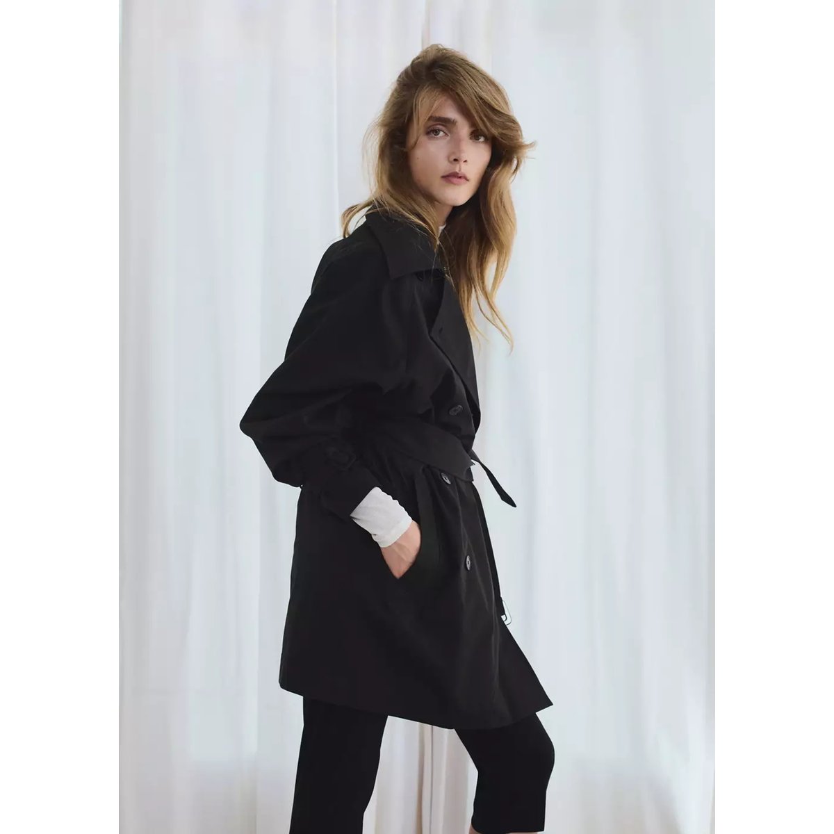 Trench midi ceinture noir, MANGO