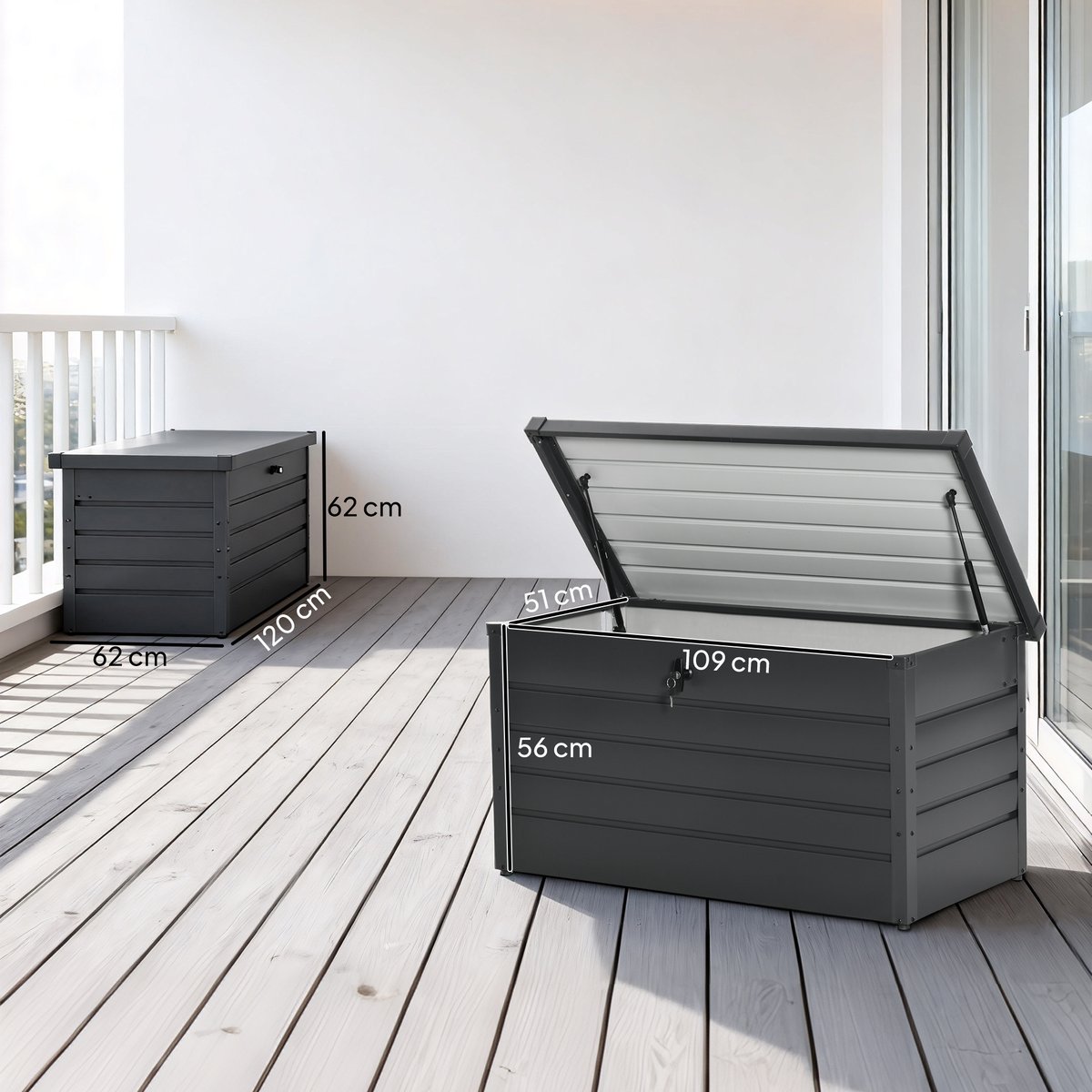 Coffre de jardin grande taille 120x62x62cm verrouillable acier anthracite gris, OUTSUNNY