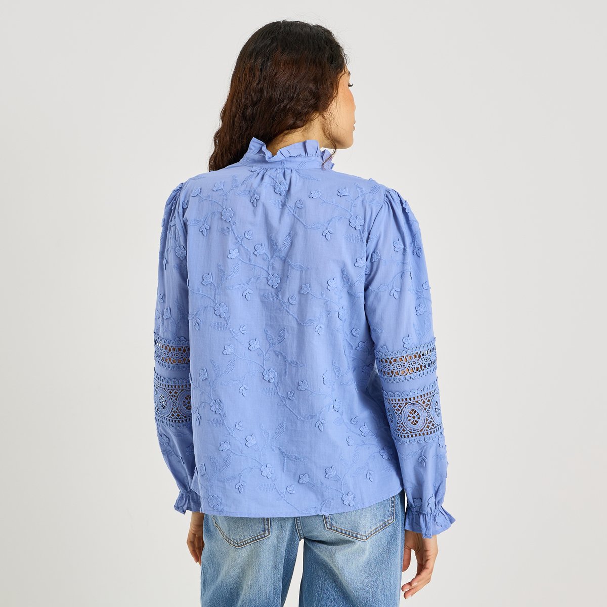 Chemise brodée détails ajourés bleu, GRAIN DE MALICE