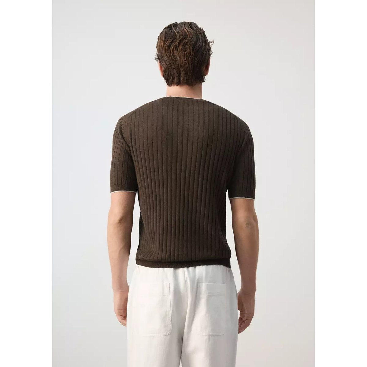 T-shirt en mélange de lin et lyocell côtelé marron, MANGO MAN