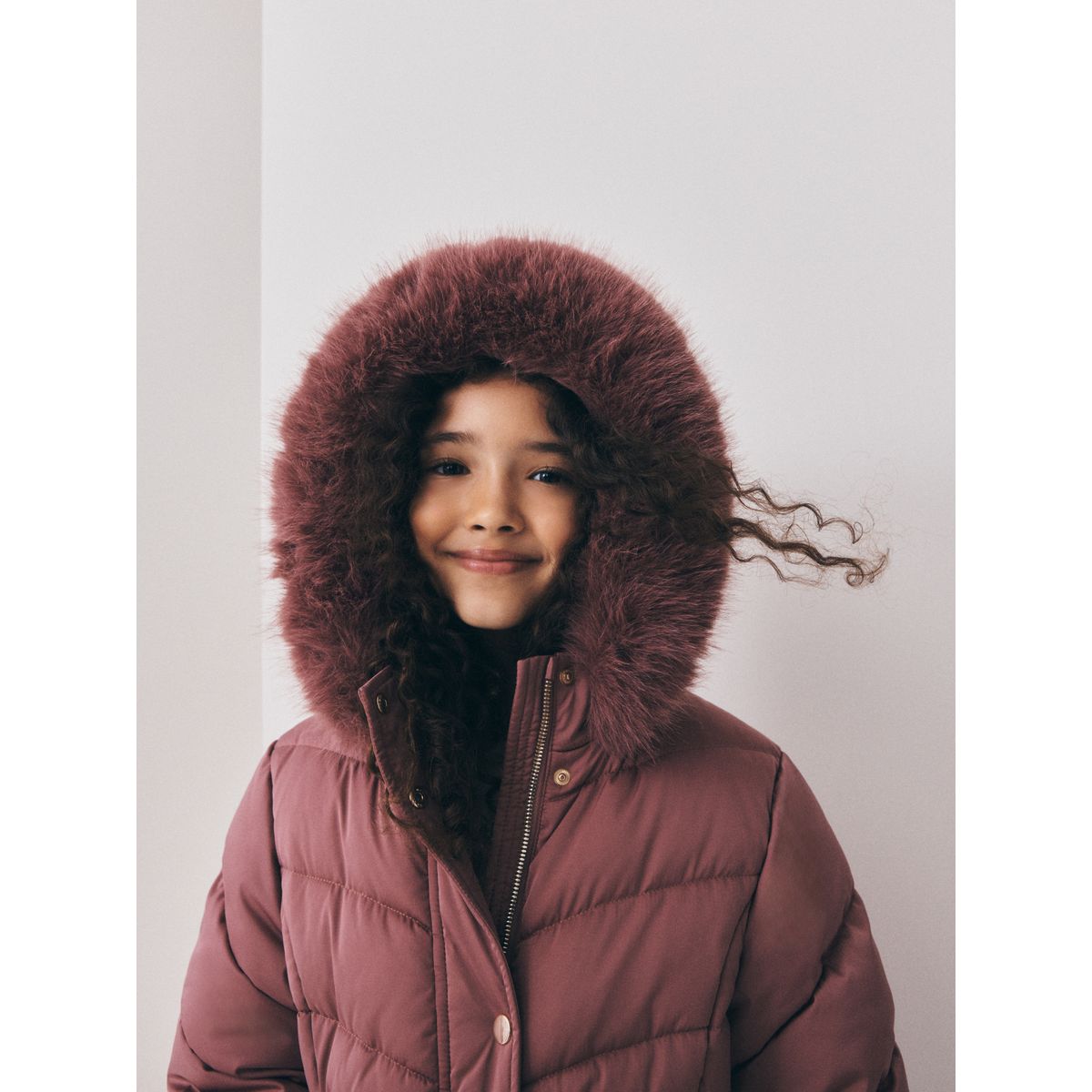 Manteau matelassé imperméable imitation fourrure rose caramel, NEXT