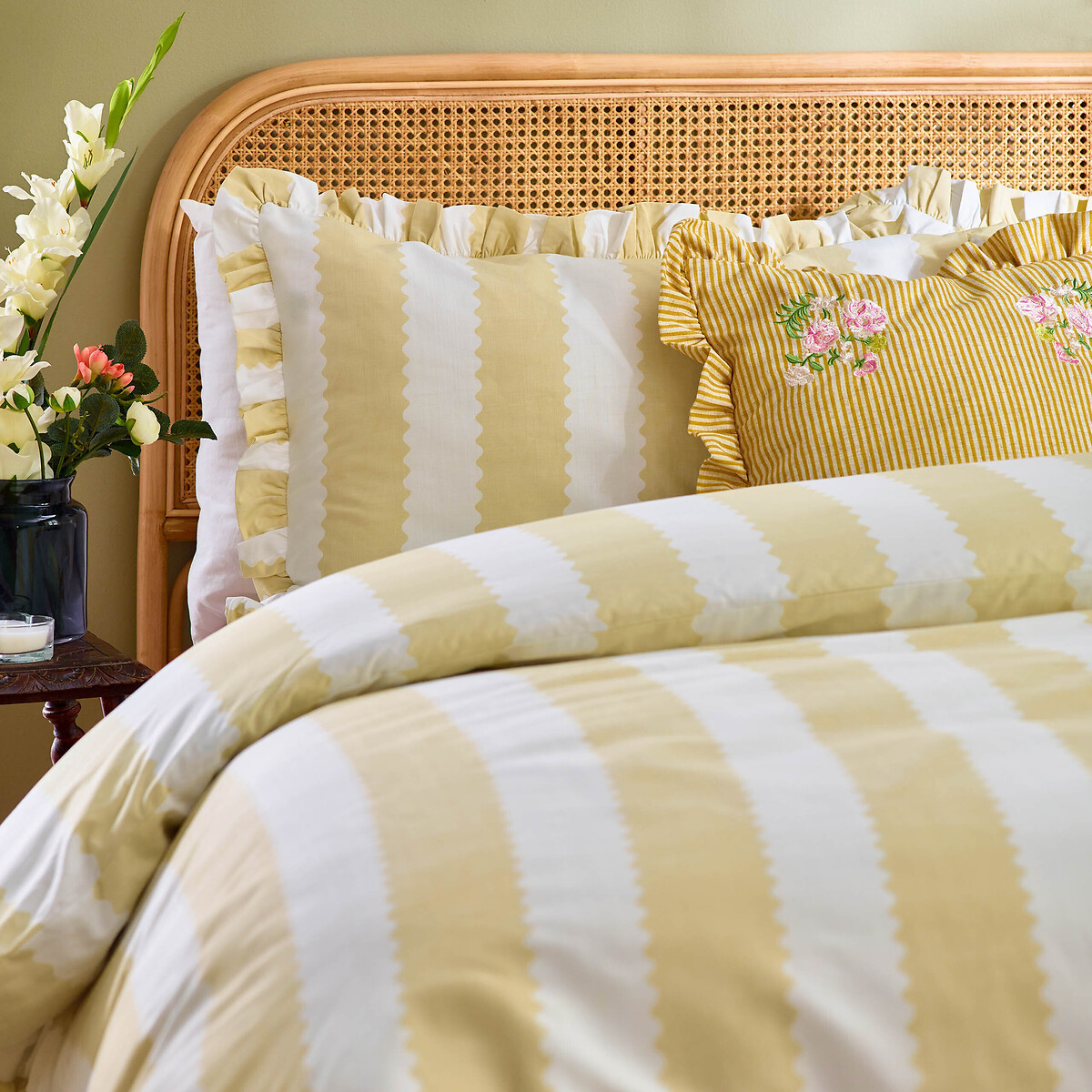 Birdie Stripe Ruffle Duvet Cover and Pillowcase Set yellow, WYLDER NATURE
