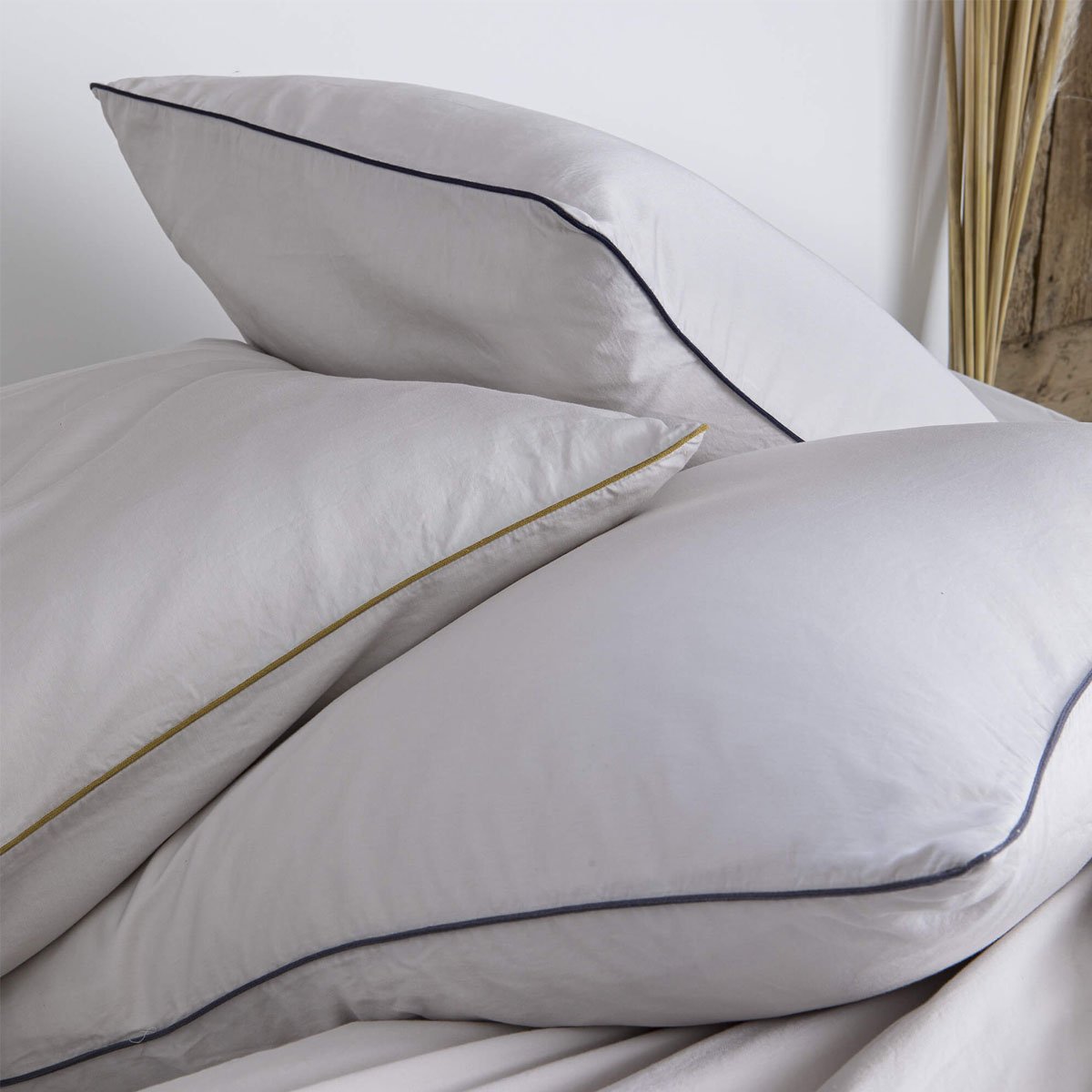 Lot de 2 taies d'oreiller en satin de coton lavé, BRUME gris et ocre, A DEMAIN