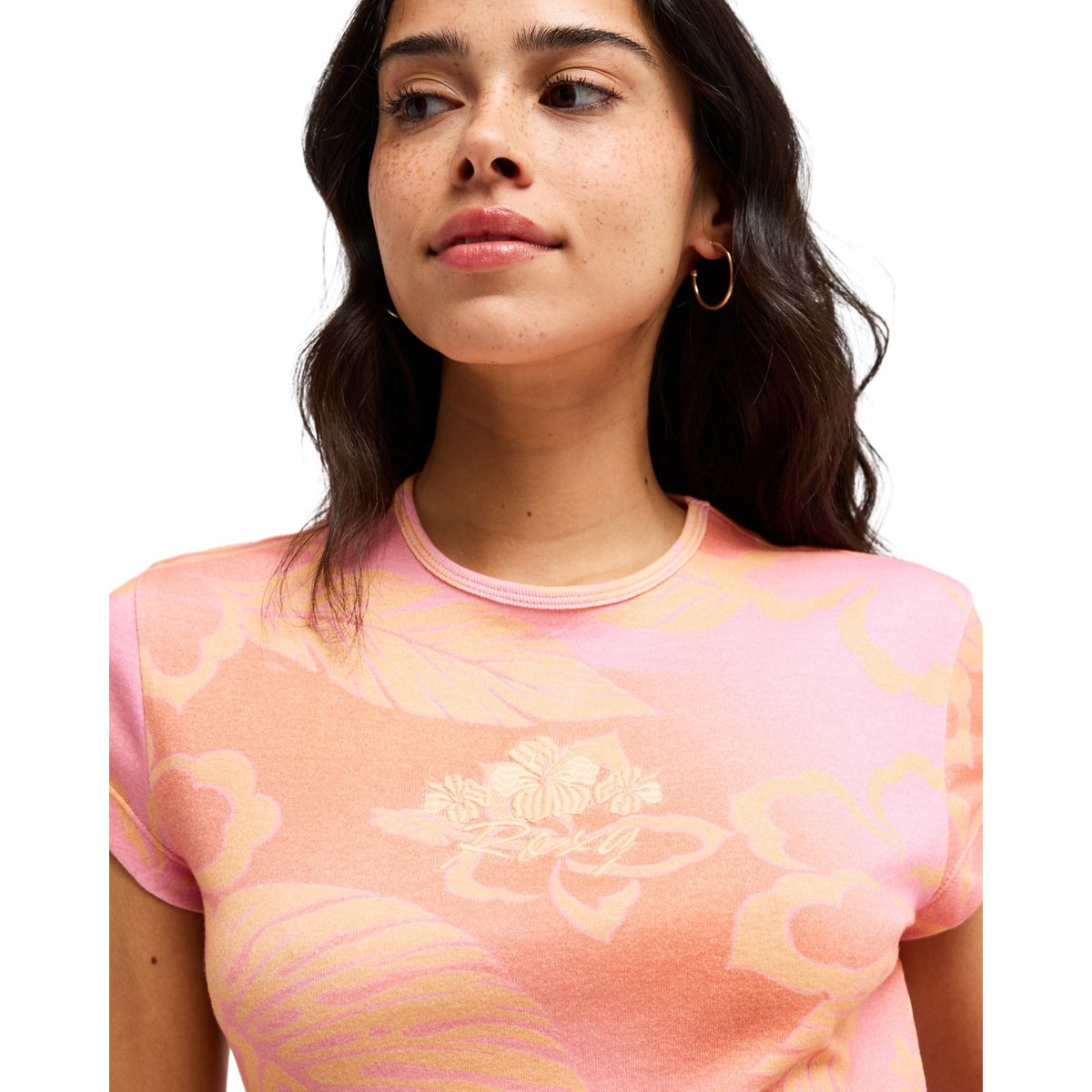 T-Shirt, manches courtes, col rond, Floral. rose camelia floral le vintage, ROXY