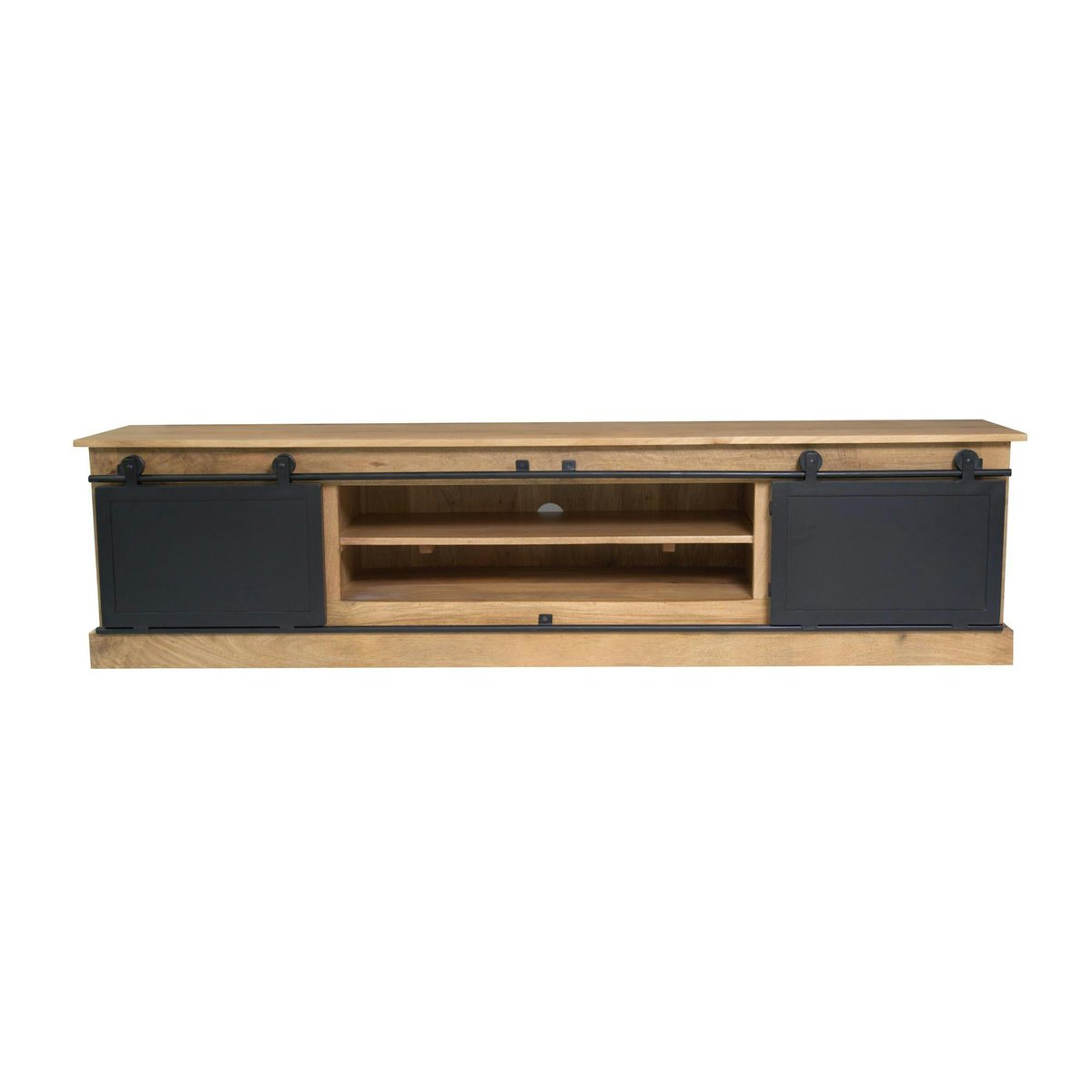 Long meuble TV bois métal style atelier à portes coulissantes CAMDEN bois naturel, PIER IMPORT