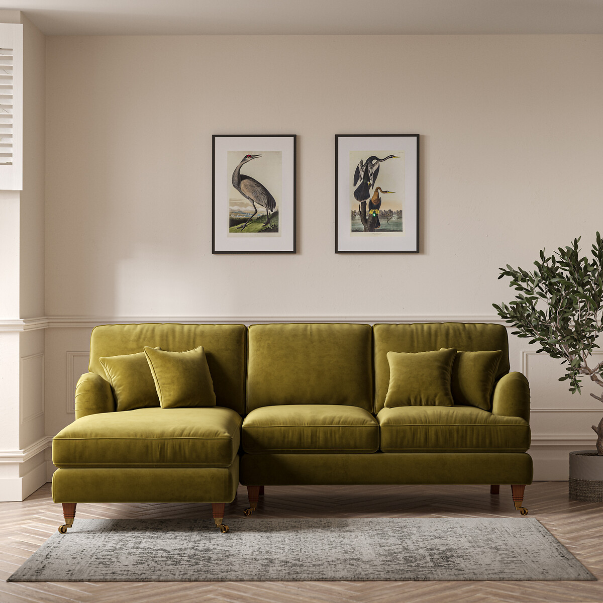 Emeline Velvet Corner Chaise Sofa with Castor Legs (Left Facing) olive, ÉDITÉ