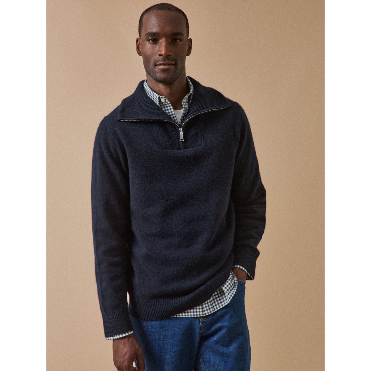 Pull col camionneur zippé laine mérinos marine, CYRILLUS