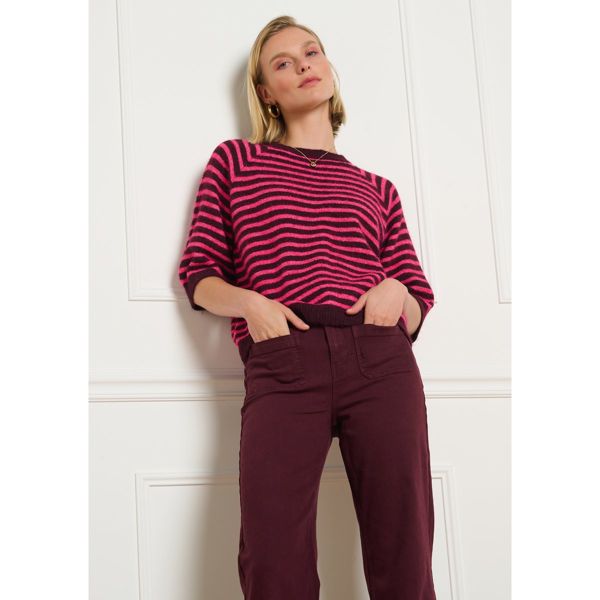 Pull rayé manches courtes aubergine, LOLALIZA