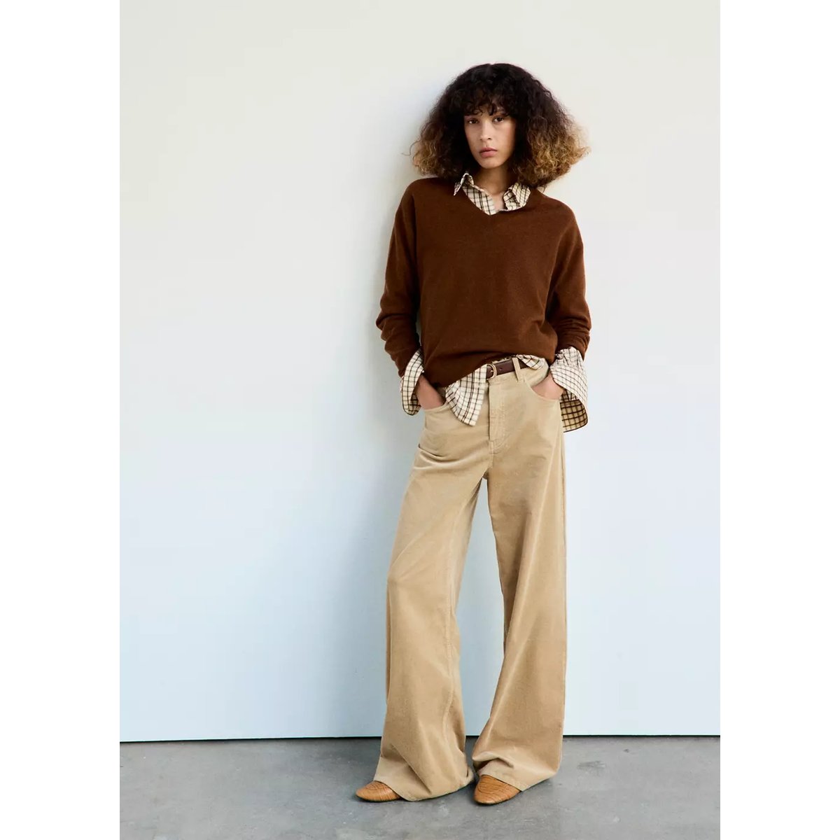 Pantalon en velours côtelé wide-leg sable, MANGO