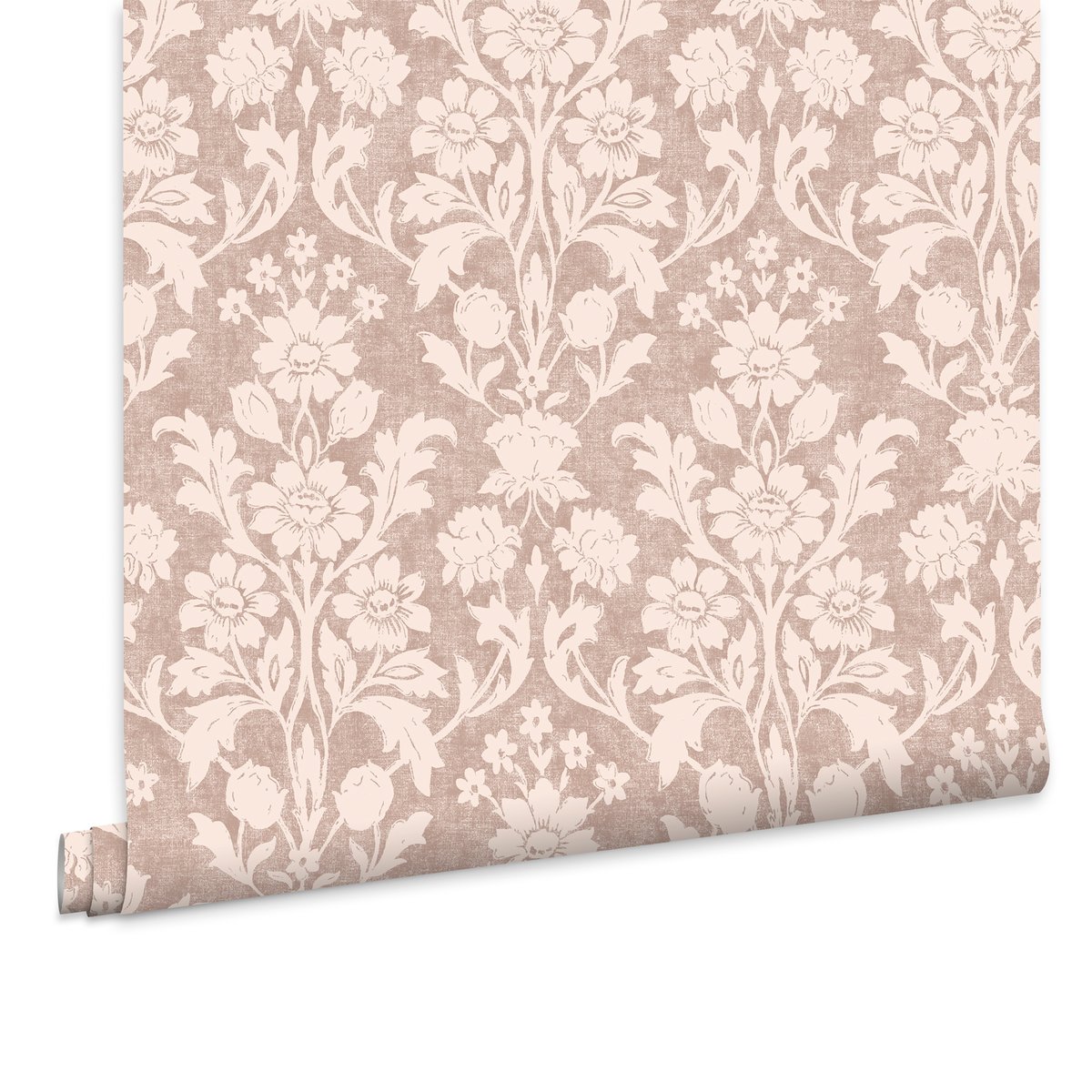 Papier peint damassé fleuri Semington Silhouette rose poudré, crème, LAURA ASHLEY