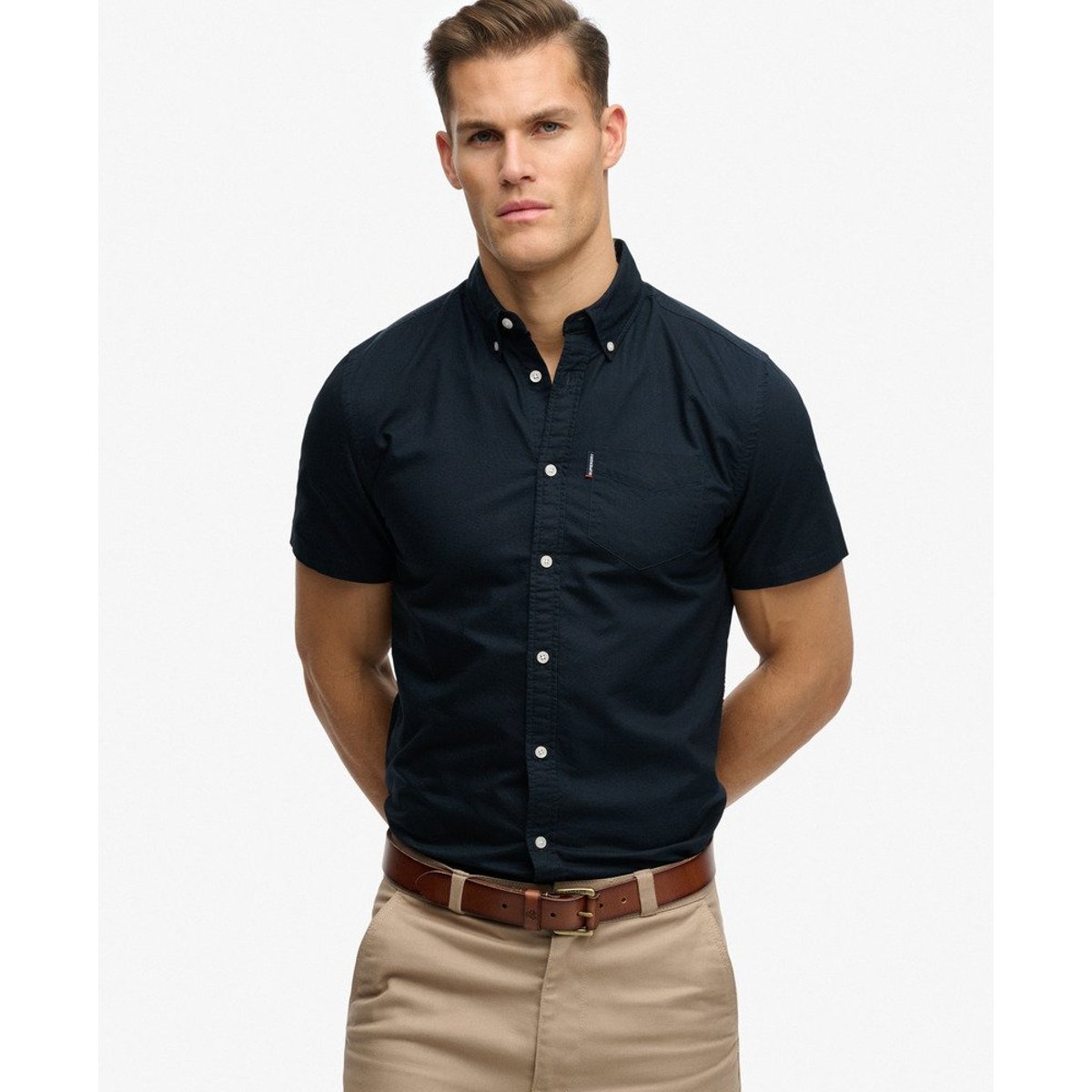 Chemise Oxford Manches Courtes Essentials bleu marine éclipse, SUPERDRY