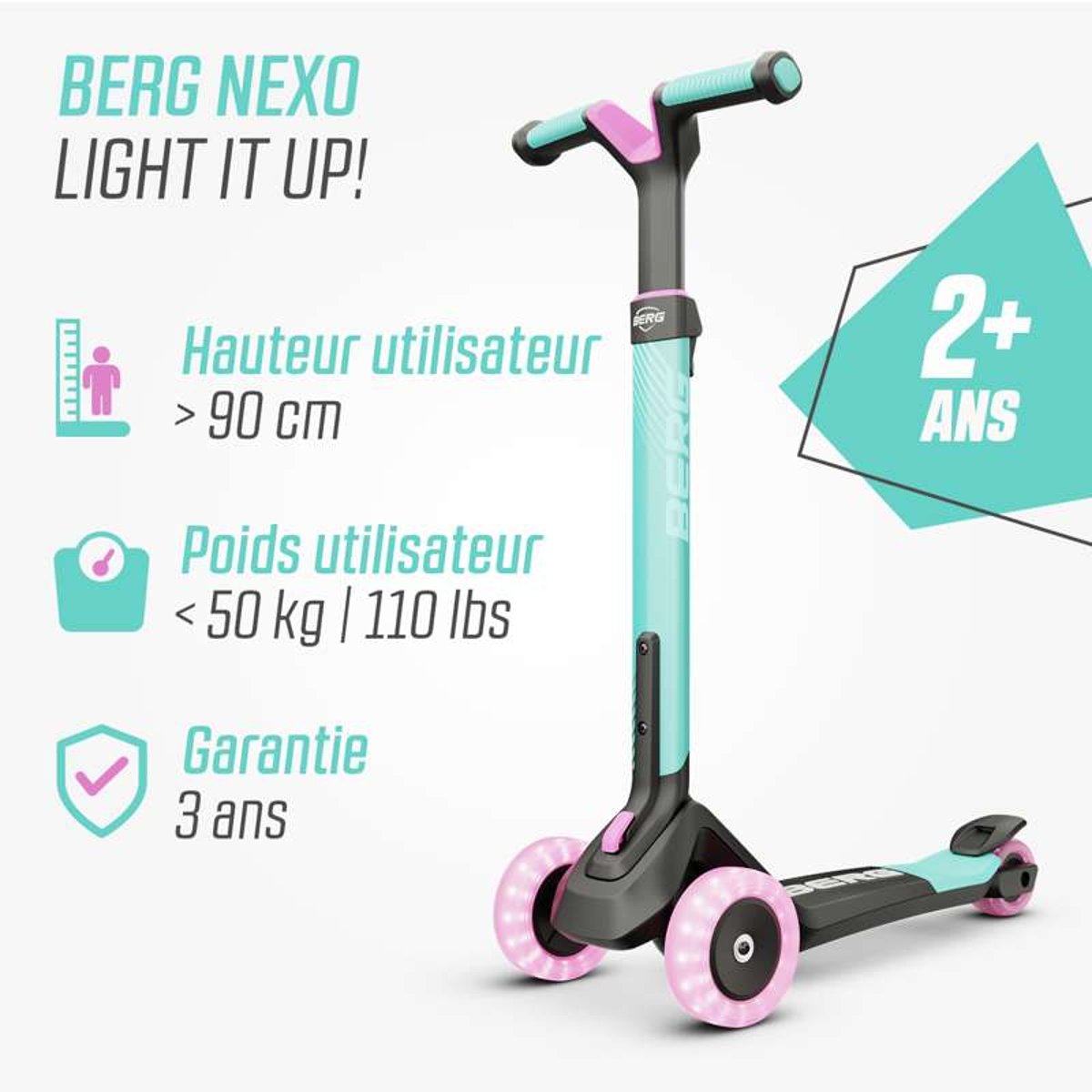 Trottinette pour Enfants, 2+ Ans, Pliable, LED-Deck, Nexo Menthe mint, BERG TOYS