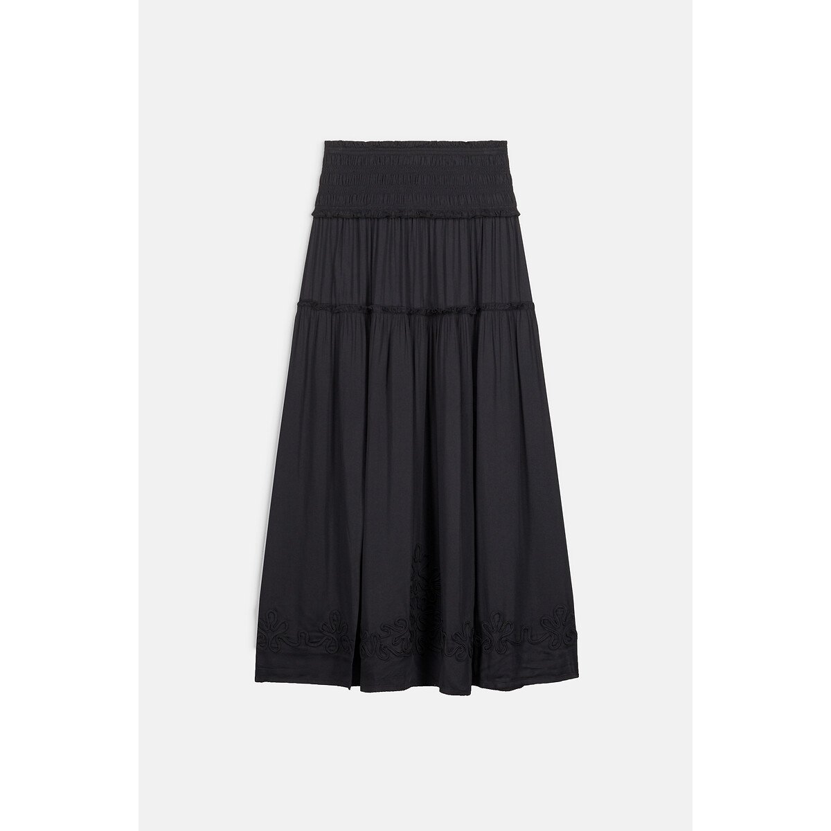 Gonna lunga ricamata con vita effetto smock, POLLY nero , LOUISE MISHA