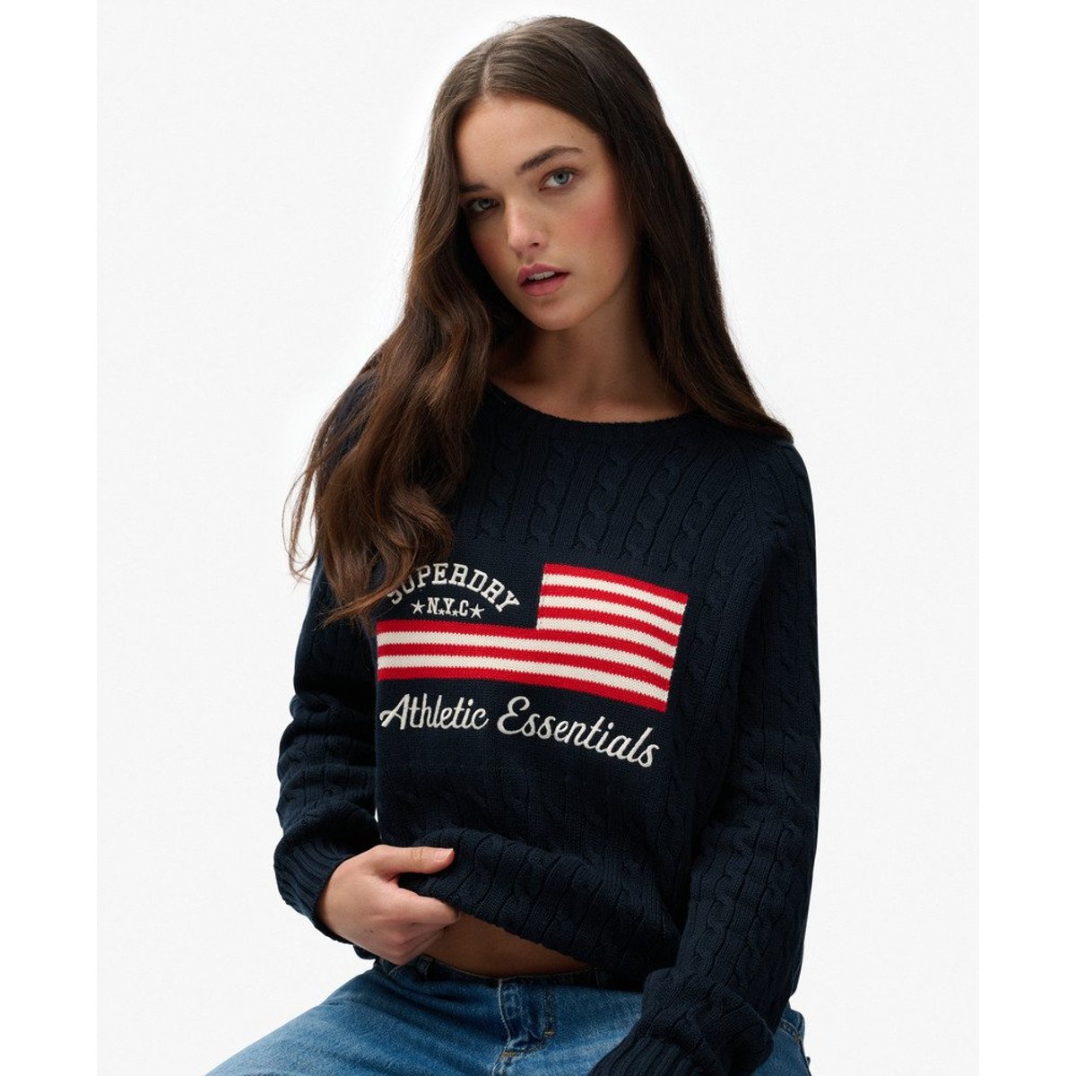Pull ample en maille torsadée Flag bleu marine profond, SUPERDRY