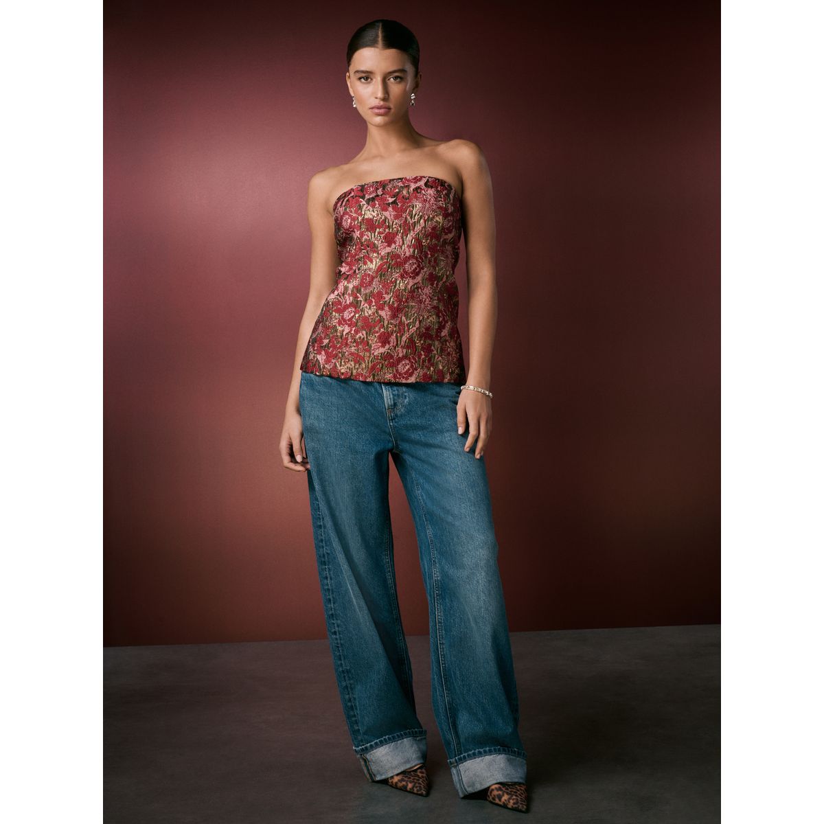 Haut bandeau long en jacquard métallisé floral rose/rouge, NEXT