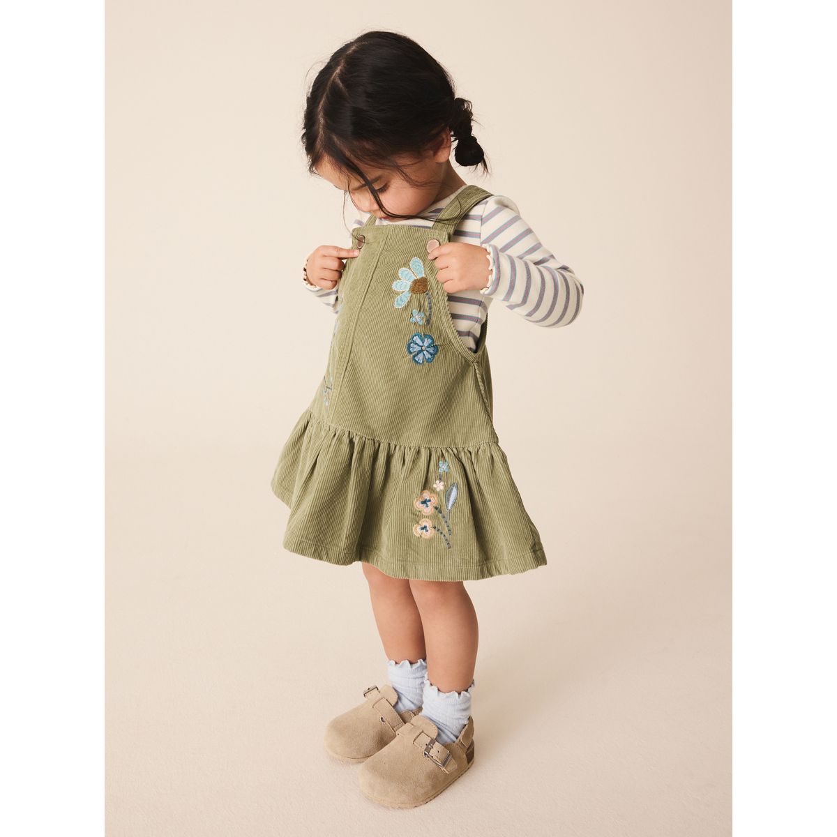 Robe salopette velours/haut manches longues vert olive, NEXT