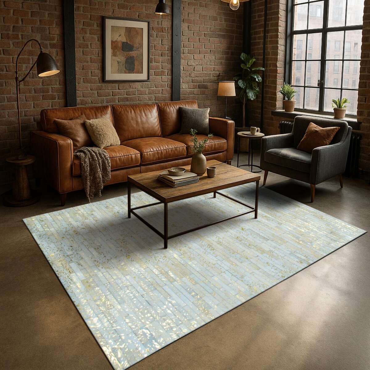 Tapis salon en cuir recyclé CUIR LINES or, THE DECO FACTORY