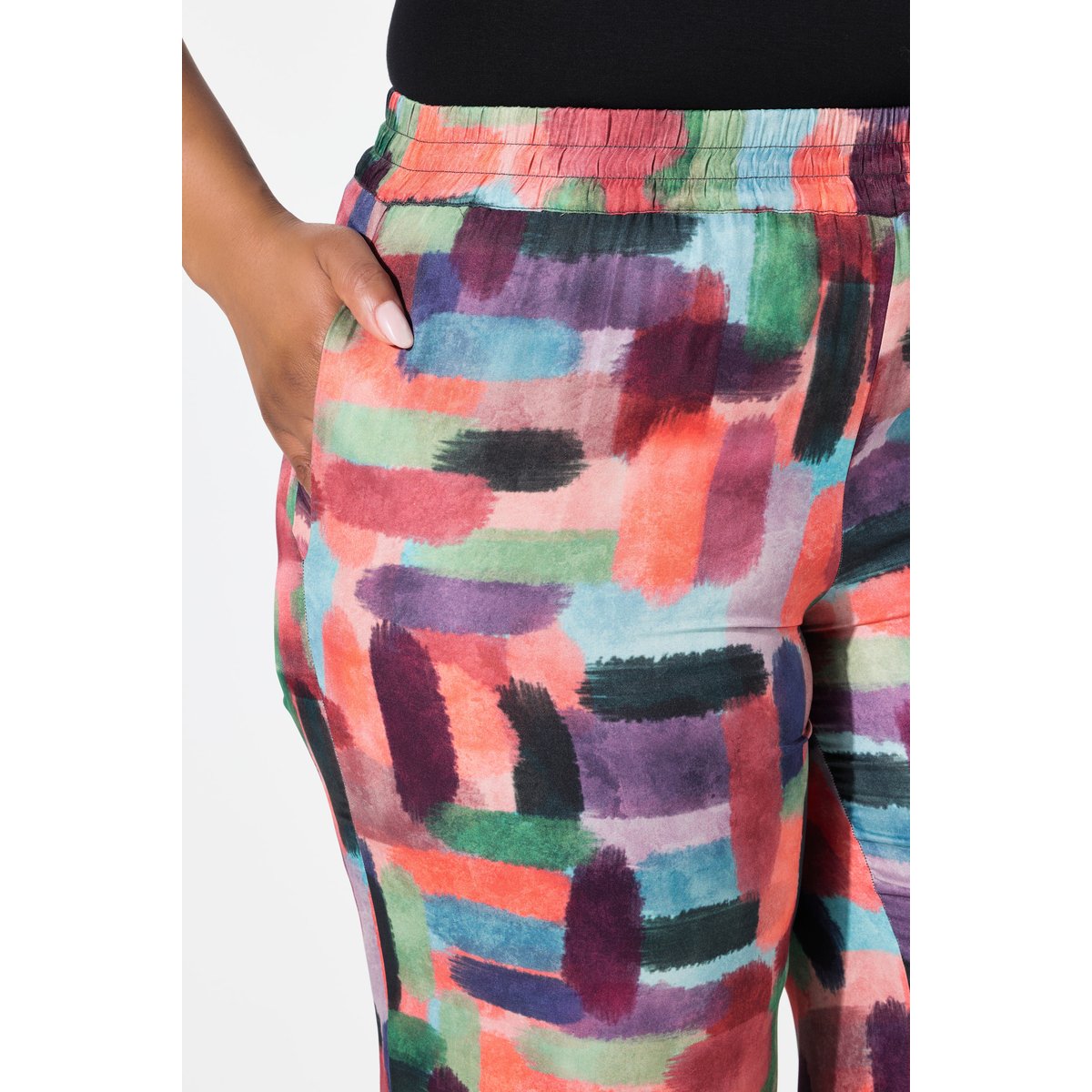 Pantalon en satin imprimé. Taille élastique noir, ULLA POPKEN