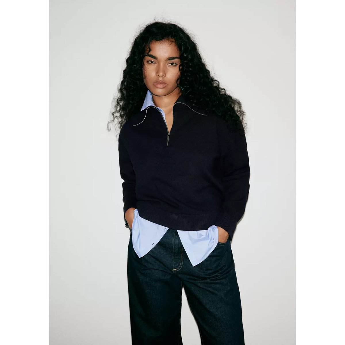 Pull en maille superposition chemise bleu marine foncé, MANGO
