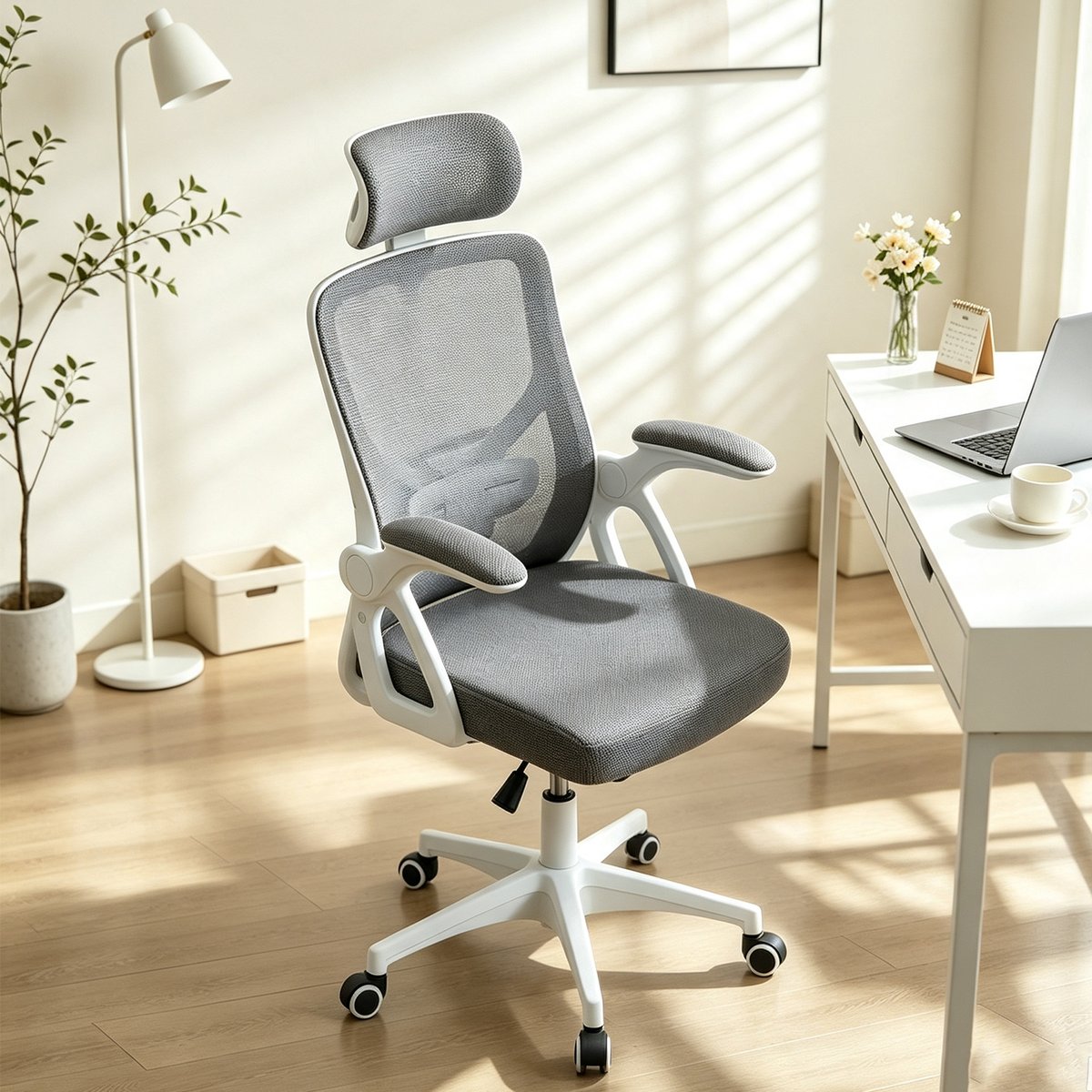 Chaise de bureau ergonomique pivotante réglable en hauteur, DARVEN gris, MEUBLES COSY
