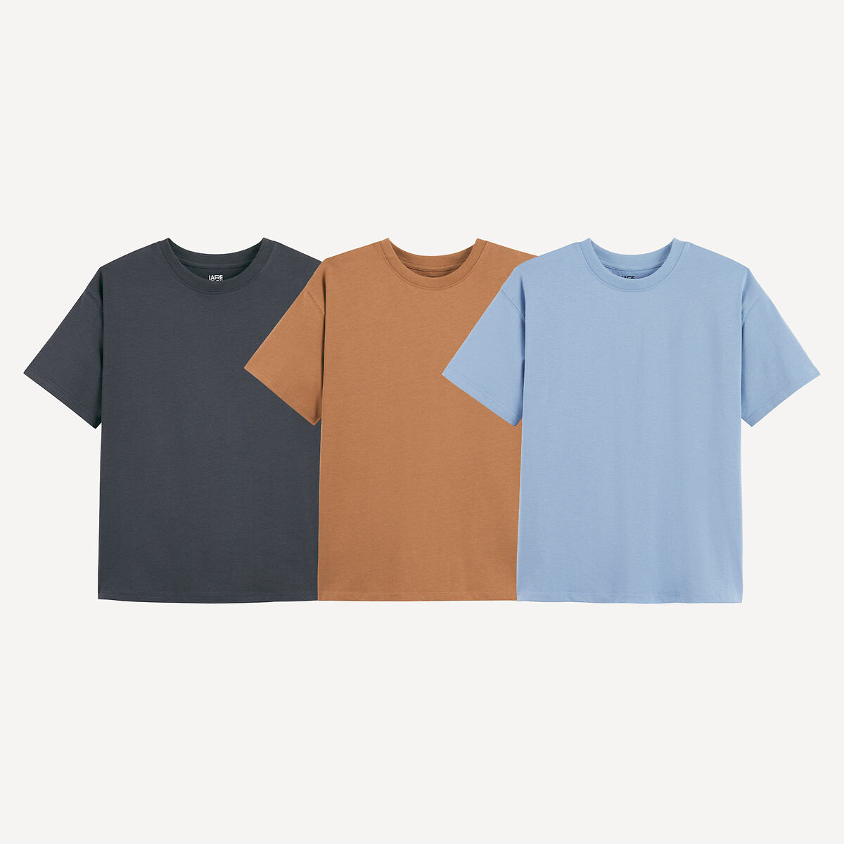 Lot de 3 T-shirts manches courtes, à col rond bleu + camel + gris anthracite, LA REDOUTE COLLECTIONS