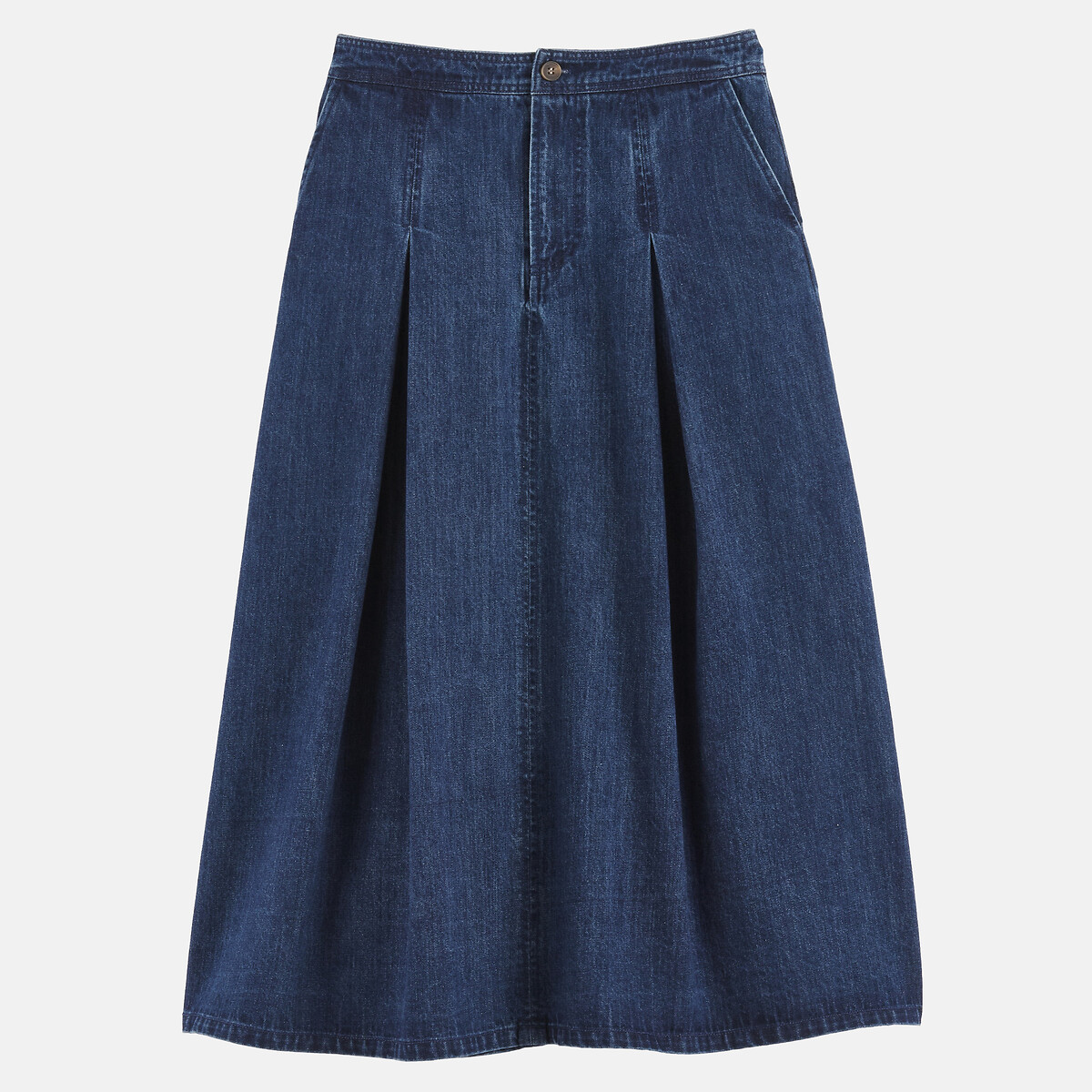 Falda midi vaquera evasé con pliegues azul natural, LA REDOUTE COLLECTIONS