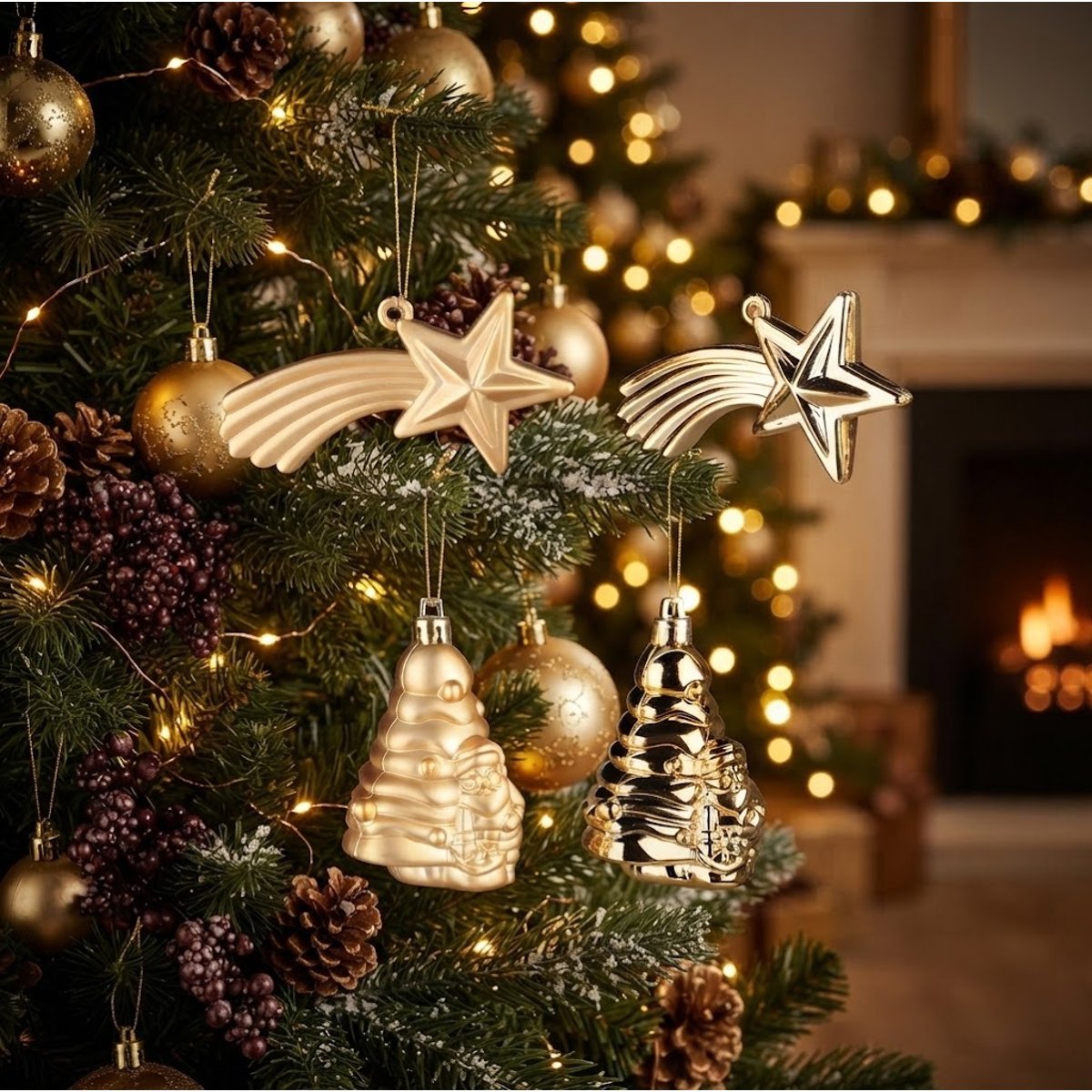 Lot de 4 Boules de Noël 2 Sapins et 2 Étoiles Brillant et Mat or, EDEN