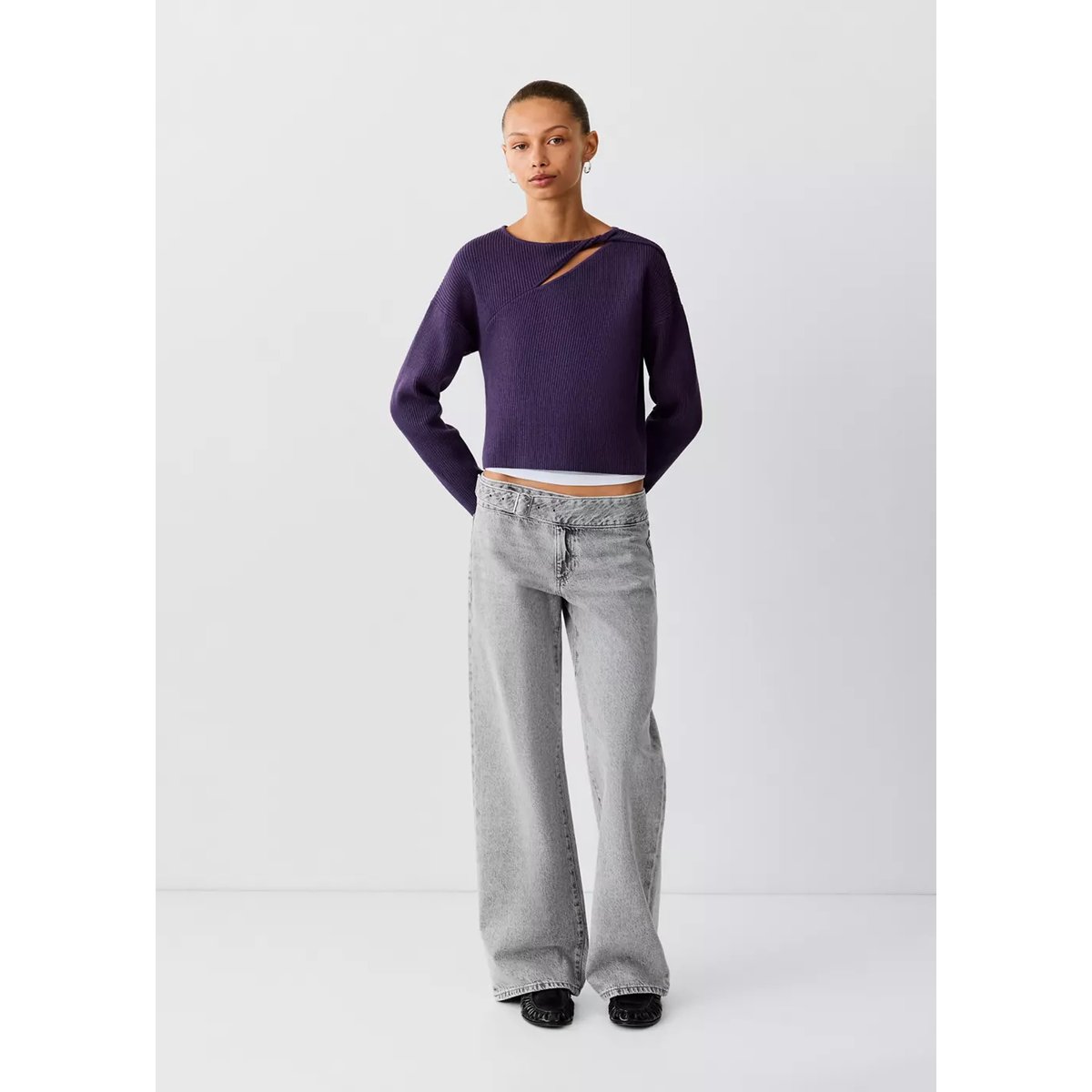 Jean taille basse avec détail de ceinture gris denim, MANGO TEEN
