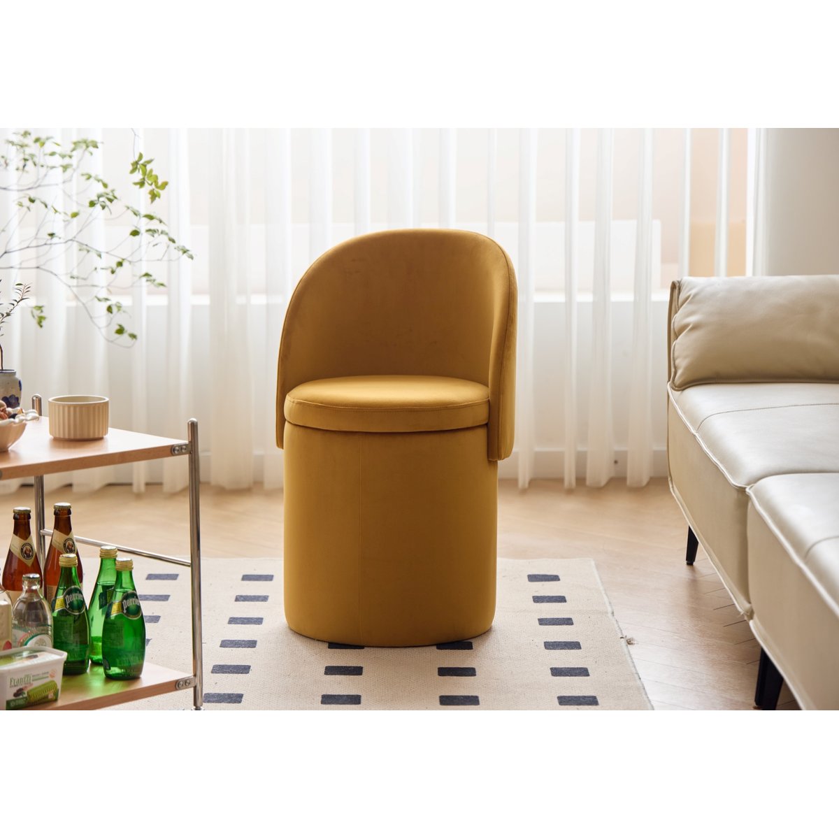 Pouf avec dossier et rangement, velours jaune moutarde, NORDLYS
