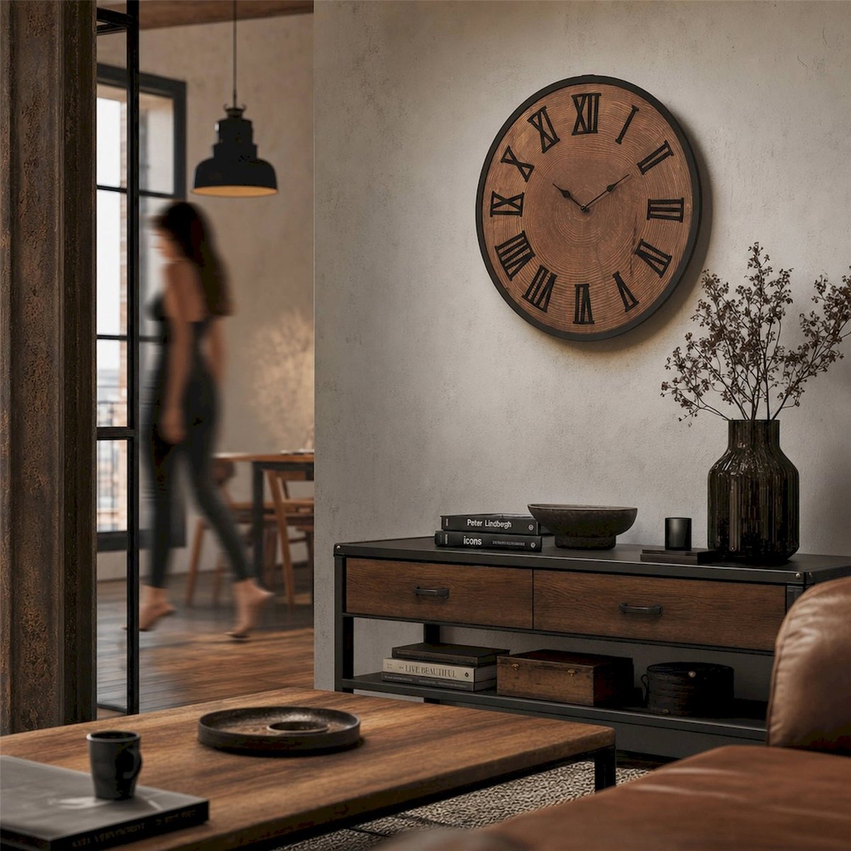 Horloge murale en bois naturel et noir, RECOLLECTION