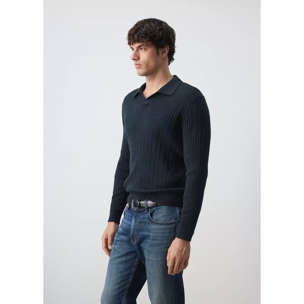 Pull polo mélange coton lyocell maille torsadée bleu marine, MANGO MAN