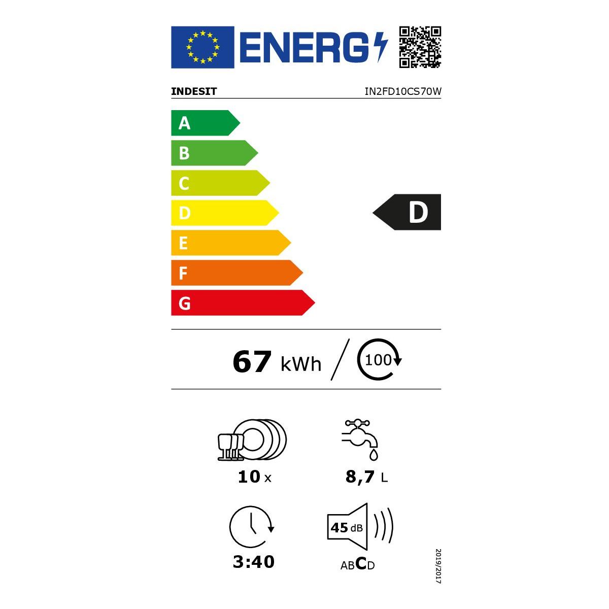 Lave vaisselle 45 cm IN2FD10CS70W couleur unique, INDESIT